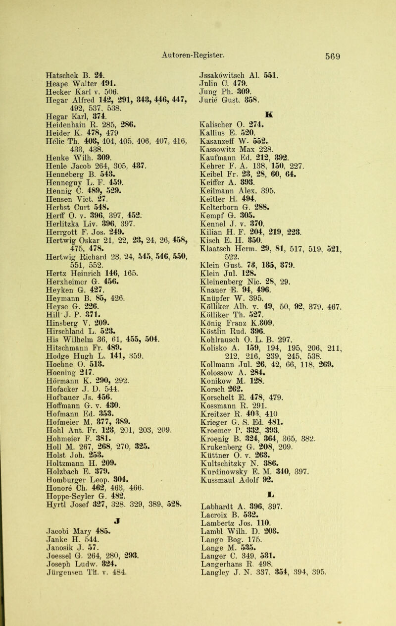 Hatschek B. 24. Heape Walter 491. Hecker Karl v. 506. Hegar Alfred 142, 291, B4B, 446, 447, 492, 537, 538. Hegar Karl, B74. Heidenhain R. 285, 286. Heider K. 478, 479 Helie Th. 40B, 404, 405, 406, 407, 416, 433, 438. Henke Wilh. 309. Henle Jacob 264, 305, 437. Henneberg B. 543. Henneguy L. F. 459. Hennig C. 489, 529. Hensen Yict. 27. Herbst Curt 548. Herff 0. v. 396, 397, 452. Herlitzka Liv. 396, 397. Herrgott F. Jos. 249. Hertwig Oskar 21, 22, 23, 24, 26, 458, 475, 478. Hertwig Richard 23, 24, 545, 546, 550, 551 552. Hertz Heinrich 146, 165. Herxheimcr G. 456. Heyken Gr. 427. Heymann B. 85, 426. Heyse Gr. 226. Hill J. P. 371. Hinsberg V. 209. Hirschland L. 523. His Wilhelm 36, 61, 455, 504. Hitschmann Fr. 489. Hodge Hugh L. 141, 359. Hoehne O. 513. Hoening 217. Hörmann K. 290, 292. Hofacker J. D. 544. Hofbauer Js. 456. Hoffmann G-. v. 430. Hofmann Ed. 353. Hofmeier M. 877, 389. Hohl Ant. Fr. 123, 201, 203, 209. Hohmeier F. 381. Holl M. 267, 268, 270, 325. Holst Joh. 253. Holtzmann H. 209. Holzbach E. 379. Homburger Leop. 804. Honore Ch. 462, 463, 466. Hoppe-Seyler Gr. 482. Hyrtl Josef 327, 328. 329, 389, 528. J Jacobi Mary 485. Janke H. 544. Janosik J. 57. Joessel G. 264, 280, 293. Joseph Ludw. 824. Jürgensen Th. v. 484. Jssaköwitsch Al. 551. Julin 0. 479. Jung Ph. 309. Jurie Gust. 358. K Kalischer 0. 274. Kallius E. 520. Kasanzelf W. 552. Kassowitz Max 228. Kaufmann Ed. 212, 392. Kehrer F. A. 138, 150, 227. Keibel Fr. 23, 28, 60, 64. KeifFer A. 393. Keilmann Alex. 395. Keitler H. 494. Kelterborn G. 288. Kempf G. 305. Kennel J. v. 370. Kilian H. F. 204, 219, 223. Kisch E. H. 350. Klaatsch Herrn. 29, 81, 517, 519, 521, 522. Klein Gust. 78, 135, 379. Klein Jul. 128. Kleinenberg Nie. 28, 29. Knauer E. 94, 496. Knüpfer W. 395. Kölliker Alb. v. 49, 50, 92, 379, 467. Kölliker Th. 527. König Franz K.309. Köstlin Rud. 396. Kohlrausch 0. L. B. 297. Kolisko A. 159, 194, 195, 206, 211, 212, 216, 239, 245, 538. Kollmann Jul. 26, 42, 66, 118, 269. Kolossow A. 284. Konikow M. 128. Korsch 262. Korschelt E. 478, 479. Kossmann R. 291. Kreitzer R. 40 ß, 410 Krieger G. S. Ed. 481. Kroemer P. 332, 393. Kroenig B. 324, 364, 365, 382. Krukenberg G. 208, 209. Küttner 0. v. 263. Kultschitzky N. 386. Kurdinowsky E. M. 340, 397. Kussmaul Adolf 92. L, Labhardt A. 896, 397. Lacroix B. 532. Lambertz Jos. 110. Lambl Wilh. D. 203. Lange Bog. 175. Lange M. 535. Langer C. 349, 531. Langerhans R. 498. Langley J. N. 337, 354, 394, 395.