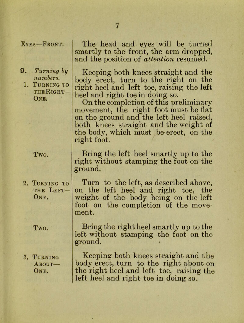 Eyes—Front. The head and eyes will be turned smartly to the front, the arm dropped, and the position of attention resumed. 9. Turning by numbers. 1. Turning to THE Right- One. Keeping both knees straight and the body erect, turn to the right on the right heel and left toe, raising the left heel and right toe in doing so. On the completion of this preliminary movement, the right foot must be flat on the ground and the left heel raised, both knees straight and the weight of the body, which must be erect, on the right foot. Two. Bring the left heel smartly up to the right without stamping the foot on the ground. 2. Turning to THE Left- One. Turn to the left, as described above, on the left heel and right toe, the weight of the body being on the left foot on the completion of the move- ment. Two. Bring the right heel smartly up to the left without stamping the foot on the ground. 3. Turning About— One. Keeping both knees straight and the body erect, turn to the right about on the right heel and left toe, raising the left heel and right toe in doing so.