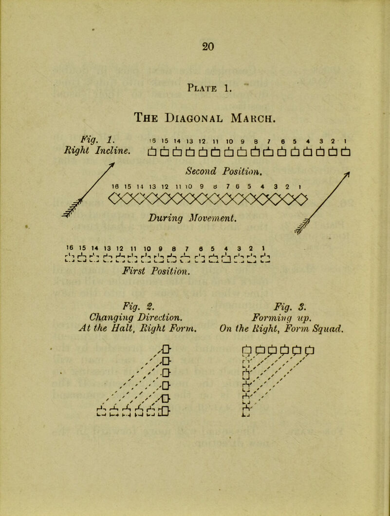 Plate 1. The Diagonal March. 1. 15 14 13 12 11 10 9 0 7 6 5 4 3 2 I Right Incline. (i]bt][j:bc!3it]bcb(±[tldcl]db 16 15 14 13 12 11 10 9 8 7 6 5 4 3 2 1 >-'t p'-i r> 1 r*-i fJ-. r’l r'-i iJ-i i p'-i r-*n pl-i r‘-> '■'t First Position. Fig. 2. Changing Direction. At the Halt, Right Form. Fig. S. Forming up. On the Right, Form Squad. k.-( »..4 bJ iXJ r^pppOp r T u J rfy yy r^‘ L J r^; i-j