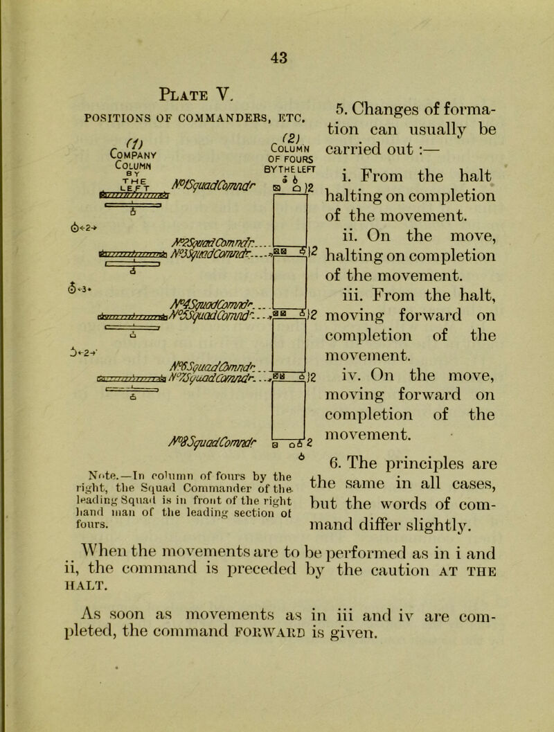 Plate V, POSITIONS OF COMMANDERS, ETC. (2) Column OF FOURS BYTHELEFT le!ft M^/SquadComdr b*q)2 TTinthnx^ Company Column by ^Sq&adOmndr.. ’iuinutumn^ N^J^liadComdr,.. ■ S'~ ' aa i}\2 /^4SguadComnd>‘. ^ A^,r,,,,hr,n,yMN°MjU(KlCrmnd'-. .. ,4°6Squad(2>mndr... a-’rin/',ii>n.ia d‘ddqiiOdd)ffin(l'‘- - - ;bS 6 12 /^(fJquadCo/Tyidr b q6 2 5. Changes of forma- tion can usually be carried out :— i. From the halt halting on completion of the movement. ii. On the move, halting on completion of the movement. iii. From the halt, moving forward on completion of the movement. iv. On the move, moving forward on completion of the movement. Note.—In poUimii of fours by the right, the Squad Commander ofthe- * 6. The principles are the same in all cases. leading Squad is in front of the right liand man of the leading section ot fours. but the words of com- mand differ slightly. When the movements are to be performed as in i and ii, the command is preceded by the caution at the HALT. As soon as movements as in iii and iv are com- pleted, the command fohwahd is given.
