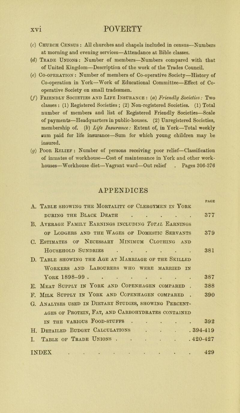 (c) Church Census : All churches and chapels included in census—Numbers at morning and evening services—Attendance at Bible classes. (d) Trade Unions : Number of members—Numbers compared with that of United Kingdom—Description of the work of the Trades Council. (e) Co-operation : Number of members of Co-operative Society—History of Co-operation in York—Work of Educational Committee—Effect of Co- operative Society on small tradesmen. (/) Friendly Societies and Life Insurance : (a) Friendly Societies: Two classes : (1) Registered Societies ; (2) Non-registered Societies. (1) Total number of members and list of Registered Friendly Societies—Scale of payments—Headquarters in public-houses. (2) Unregistered Societies, membership of. (b) Life Insurance: Extent of, in York—Total weekly sum paid for life insurance—Sum for which young children may be insured. (g) Poor, Relief : Number of persons receiving poor relief—Classification of inmates of workhouse—Cost of maintenance in York and other work- houses—Workhouse diet—Vagrant ward—Out relief . Pages 306-376 APPENDICES PAGE A. Table showing the Mortality of Clergymen in York DURING THE BLACK DEATH . . . . . 377 B. Average Family Earnings including Total Earnings of Lodgers and the Wages of Domestic Servants 379 C. Estimates of Necessary Minimum Clothing and Household Sundries . . . . . . 381 D. Table showing the Age at Marriage of the Skilled Workers and Labourers who were married in York 1898-99 ........ 387 E. Meat Supply in York and Copenhagen compared . 388 F. Milk Supply in York and Copenhagen compared . 390 G. Analyses used in Dietary Studies, showing Percent- ages of Protein, Fat, and Carbohydrates contained IN THE VARIOUS FOOD-STUFFS . . . . . 392 H. Detailed Budget Calculations .... 394-419 I. Table of Trade Unions ...... 420-427 INDEX 429