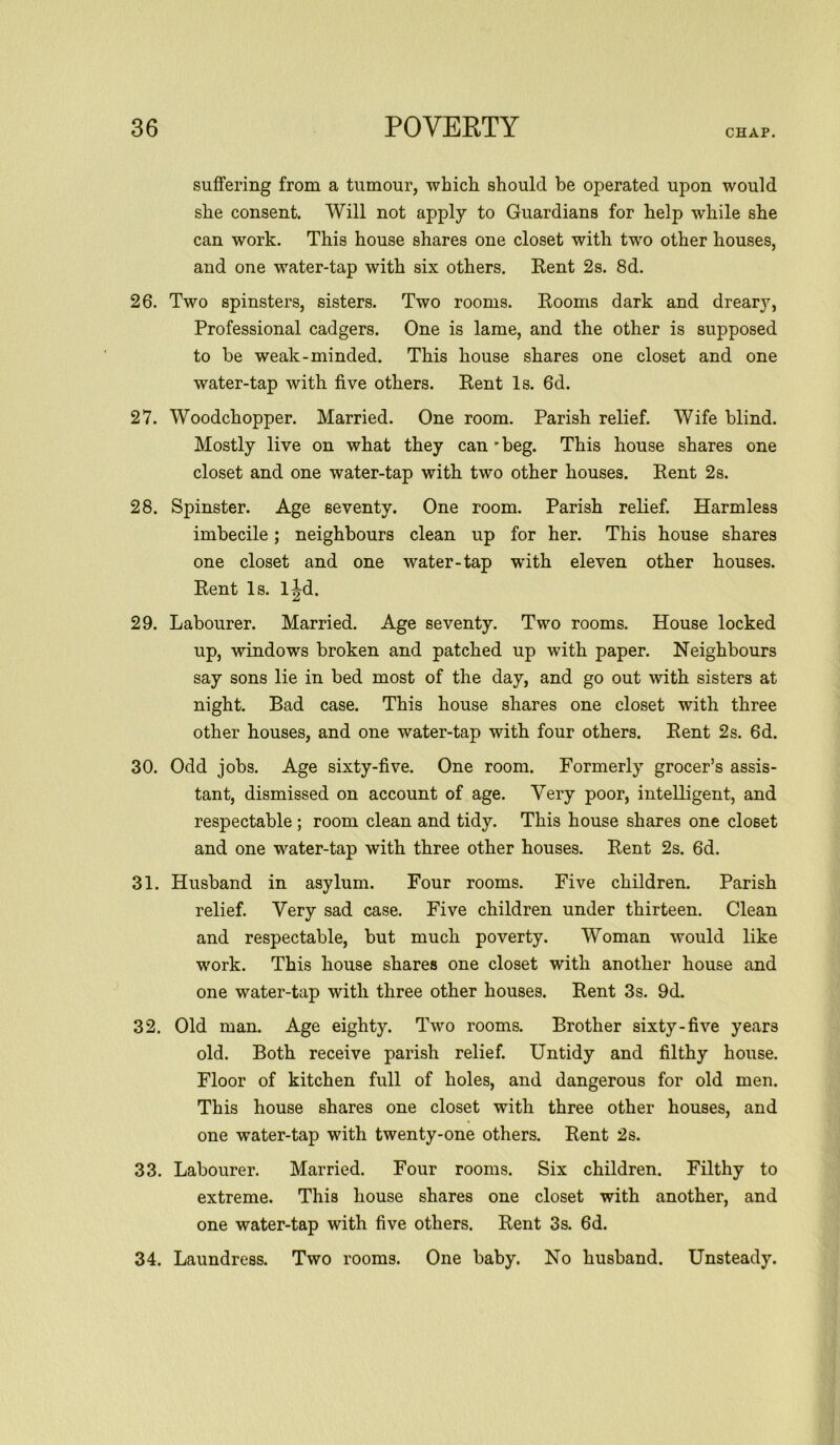 CHAP. suffering from a tumour, which should be operated upon would she consent. Will not apply to Guardians for help while she can work. This house shares one closet with two other houses, and one water-tap with six others. Rent 2s. 8d. 26. Two spinsters, sisters. Two rooms. Rooms dark and dreary, Professional cadgers. One is lame, and the other is supposed to be weak-minded. This house shares one closet and one water-tap with five others. Rent Is. 6d. 27. Woodchopper. Married. One room. Parish relief. Wife blind. Mostly live on what they can * beg. This house shares one closet and one water-tap with two other houses. Rent 2s. 28. Spinster. Age seventy. One room. Parish relief. Harmless imbecile; neighbours clean up for her. This house shares one closet and one water-tap with eleven other houses. Rent Is. l^d. 29. Labourer. Married. Age seventy. Two rooms. House locked up, windows broken and patched up with paper. Neighbours say sons lie in bed most of the day, and go out with sisters at night. Bad case. This house shares one closet with three other houses, and one water-tap with four others. Rent 2s. 6d. 30. Odd jobs. Age sixty-five. One room. Formerly grocer’s assis- tant, dismissed on account of age. Very poor, intelligent, and respectable ; room clean and tidy. This house shares one closet and one water-tap with three other houses. Rent 2s. 6d. 31. Husband in asylum. Four rooms. Five children. Parish relief. Very sad case. Five children under thirteen. Clean and respectable, but much poverty. Woman would like work. This house shares one closet with another house and one water-tap with three other houses. Rent 3s. 9d. 32. Old man. Age eighty. Two rooms. Brother sixty-five years old. Both receive parish relief. Untidy and filthy house. Floor of kitchen full of holes, and dangerous for old men. This house shares one closet with three other houses, and one water-tap with twenty-one others. Rent 2s. 33. Labourer. Married. Four rooms. Six children. Filthy to extreme. This house shares one closet with another, and one water-tap with five others. Rent 3s. 6d. 34. Laundress. Two rooms. One baby. No husband. Unsteady.