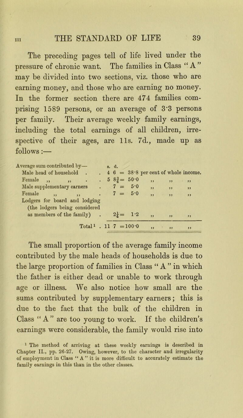 The preceding pages tell of life lived under the pressure of chronic want. The families in Class “A” may be divided into two sections, viz. those who are earning money, and those who are earning no money. In the former section there are 474 families com- prising 1589 persons, or an average of 3*3 persons per family. Their average weekly family earnings, including the total earnings of all children, irre- spective of their ages, are 11s. 7d., made up as follows:— Average sum contributed by— Male head of household Female ,, ,, Male supplementary earners Female ,, ,, Lodgers for board and lodging (the lodgers being considered as members of the family) s. d. 4 6 = 5 8f = 7 : 7 : 38'8 per cent of whole income. 50-0 5-0 5-0 3 3 33 3 3 35 3 3 3 3 3 3 33 3 3 = 1-2 3 3 Total1 . 11 7 =100-0 The small proportion of the average family income contributed by the male heads of households is due to the large proportion of families in Class “ A ” in which the father is either dead or unable to work through age or illness. We also notice how small are the sums contributed by supplementary earners; this is due to the fact that the bulk of the children in Class “A” are too young to work. If the children’s earnings were considerable, the family would rise into 1 The method of arriving at these weekly earnings is described in Chapter II., pp. 26-27. Owing, however, to the character and irregularity of employment in Class “ A ” it is more difficult to accurately estimate the family earnings in this than in the other classes.