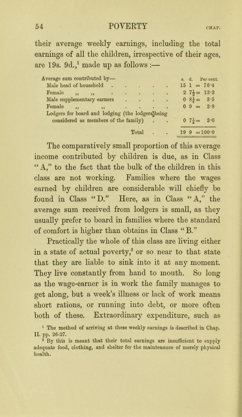 their average weekly earnings, including the total earnings of all the children, irrespective of their ages, are 19s. 9d.,J made up as follows :— Average sum contributed by— s. d. Per cent. Male head of household • • • 15 1 = 76-4 Female ,, ,, . • • ■ 2 7J = 13-3 Male supplementary earners • « • • 0 8£ = 3-5 Female ,, ,, • • • • 0 9 = 3-8 Lodgers for board and lodging (the lodgers^being considered as members of the family) • • 0 7\ = 3-0 Total • • 19 9 = 100-0 The comparatively small proportion of this average income contributed by children is due, as in Class “ A,” to the fact that the bulk of the children in this class are not working. Families where the wages earned by children are considerable will chiefly be found in Class “D.” Here, as in Class “A,” the average sum received from lodgers is small, as they usually prefer to board in families where the standard of comfort is higher than obtains in Class “B.” Practically the whole of this class are living either in a state of actual poverty,2 or so near to that state that they are liable to sink into it at any moment. They live constantly from hand to mouth. So long as the wage-earner is in work the family manages to get along, but a week’s illness or lack of work means short rations, or running into debt, or more often both of these. Extraordinary expenditure, such as 1 The method of arriving at these weekly earnings is described in Chap. II. pp. 26-27. 2 By this is meant that their total earnings are insufficient to supply adequate food, clothing, and shelter for the maintenance of merely physical health.