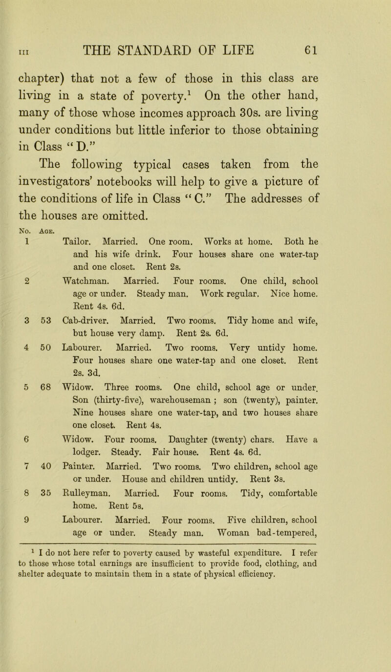 chapter) that not a few of those in this class are living in a state of poverty.1 On the other hand, many of those whose incomes approach 30s. are living under conditions but little inferior to those obtaining in Class “D.” The following typical cases taken from the investigators’ notebooks will help to give a picture of the conditions of life in Class “ C.” The addresses of the houses are omitted. No. Age. 1 Tailor. Married. One room. Works at home. Both he and his wife drink. Four houses share one water-tap and one closet. Rent 2s. 2 Watchman. Married. Four rooms. One child, school age or under. Steady man. Work regular. Nice home. Rent 4s. 6d. 3 53 Cab-driver. Married. Two rooms. Tidy home and wife, but house very damp. Rent 2s. 6d. 4 50 Labourer. Married. Two rooms. Very untidy home. Four houses share one water-tap and one closet. Rent 2s. 3d. 5 68 Widow. Three rooms. One child, school age or under Son (thirty-five), warehouseman ; son (twenty), painter. Nine houses share one water-tap, and two houses share one closet. Rent 4s. 6 Widow. Four rooms. Daughter (twenty) chars. Have a lodger. Steady. Fair house. Rent 4s. 6d. 7 40 Painter. Married. Two rooms. Two children, school age or under. House and children untidy. Rent 3s. 8 35 Rulleyman. Married. Four rooms. Tidy, comfortable home. Rent 5s. 9 Labourer. Married. Four rooms. Five children, school age or under. Steady man. Woman bad-tempered, 1 I do not here refer to poverty caused by wasteful expenditure. I refer to those whose total earnings are insufficient to provide food, clothing, and shelter adequate to maintain them in a state of physical efficiency.