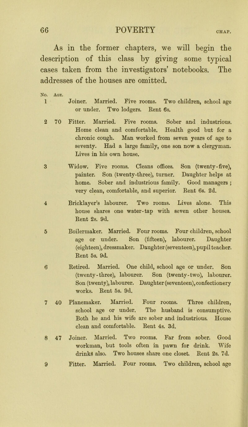 CHAP. As in the former chapters, we will begin the description of this class by giving some typical cases taken from the investigators’ notebooks. The addresses of the houses are omitted. No. Age. 1 Joiner. Married. Five rooms. Two children, school age or under. Two lodgers. Rent 6s. 2 70 Fitter. Married. Five rooms. Sober and industrious. Home clean and comfortable. Health good but for a chronic cough. Man worked from seven years of age to seventy. Had a large family, one son now a clergyman. Lives in his own house. 3 Widow. Five rooms. Cleans offices. Son (twenty-five), painter. Son (twenty-three), turner. Daughter helps at home. Sober and industrious family. Good managers ; very clean, comfortable, and superior. Rent 6s. 2d. 4 Bricklayer’s labourer. Two rooms. Lives alone. This house shares one water-tap with seven other houses. Rent 2s. 9d. 5 Boilermaker. Married. Four rooms. Four children, school age or under. Son (fifteen), labourer. Daughter (eighteen), dressmaker. Daughter (seventeen), pupil teacher. Rent 5s. 9d. 6 Retired. Married. One child, school age or under. Son (twenty - three), labourer. Son (twenty-two), labourer. Son (twenty), labourer. Daughter (seventeen), confectionery works. Rent 5s. 9d. 7 40 Planemaker. Married. Four rooms. Three children, school age or under. The husband is consumptive. Both he and his wife are sober and industrious. House clean and comfortable. Rent 4s. 3d. 8 47 Joiner. Married. Two rooms. Far from sober. Good workman, but tools often in pawn for drink. Wife drinks also. Two houses share one closet. Rent 2s. 7d. 9 Fitter. Married. Four rooms. Two children, school age