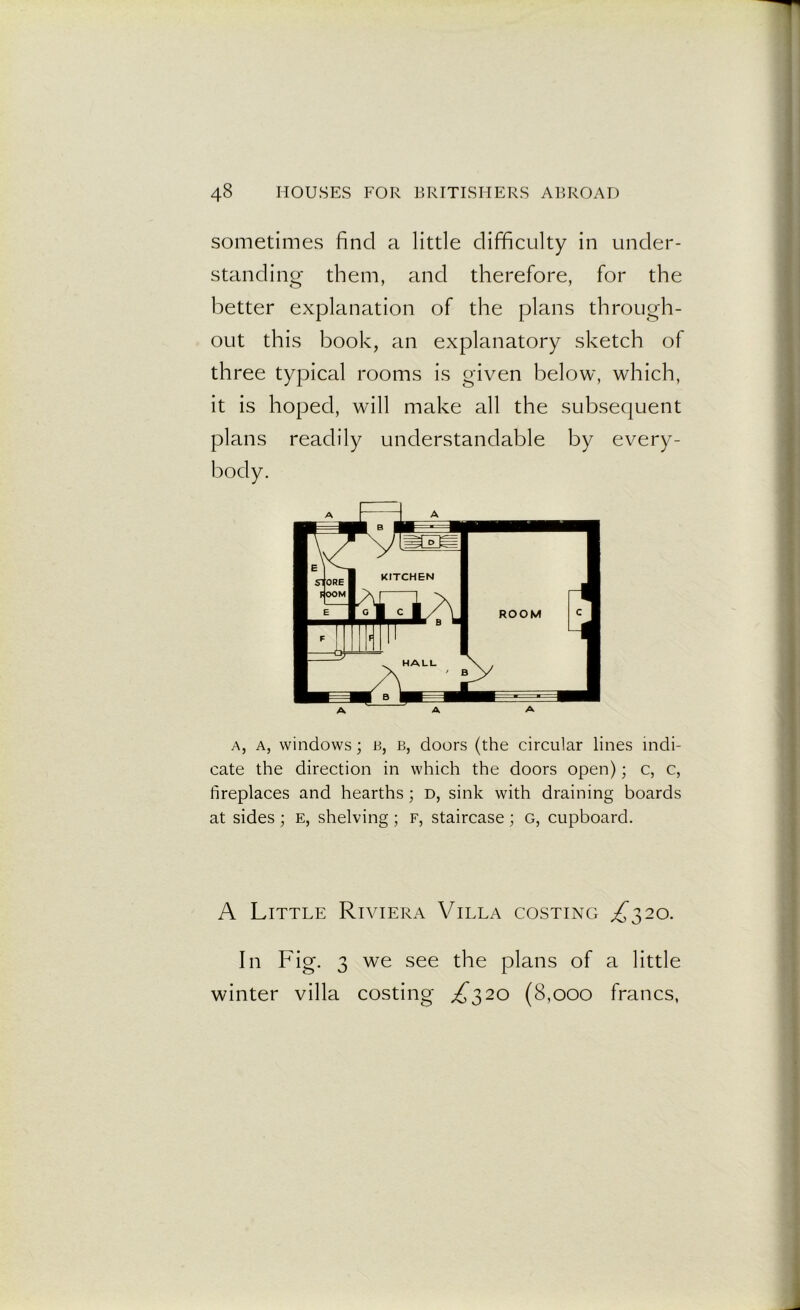 sometimes find a little difficulty in under- standing them, and therefore, for the better explanation of the plans through- out this book, an explanatory sketch of three typical rooms is given below, which, it is hoped, will make all the subsequent plans readily understandable by every- body. a, a, windows; b, b, doors (the circular lines indi- cate the direction in which the doors open); c, c, fireplaces and hearths; d, sink with draining boards at sides; e, shelving; f, staircase; G, cupboard. A Little Riviera Villa costing ^320. In Fig. 3 we see the plans of a little winter villa costing ^320 (8,000 francs,