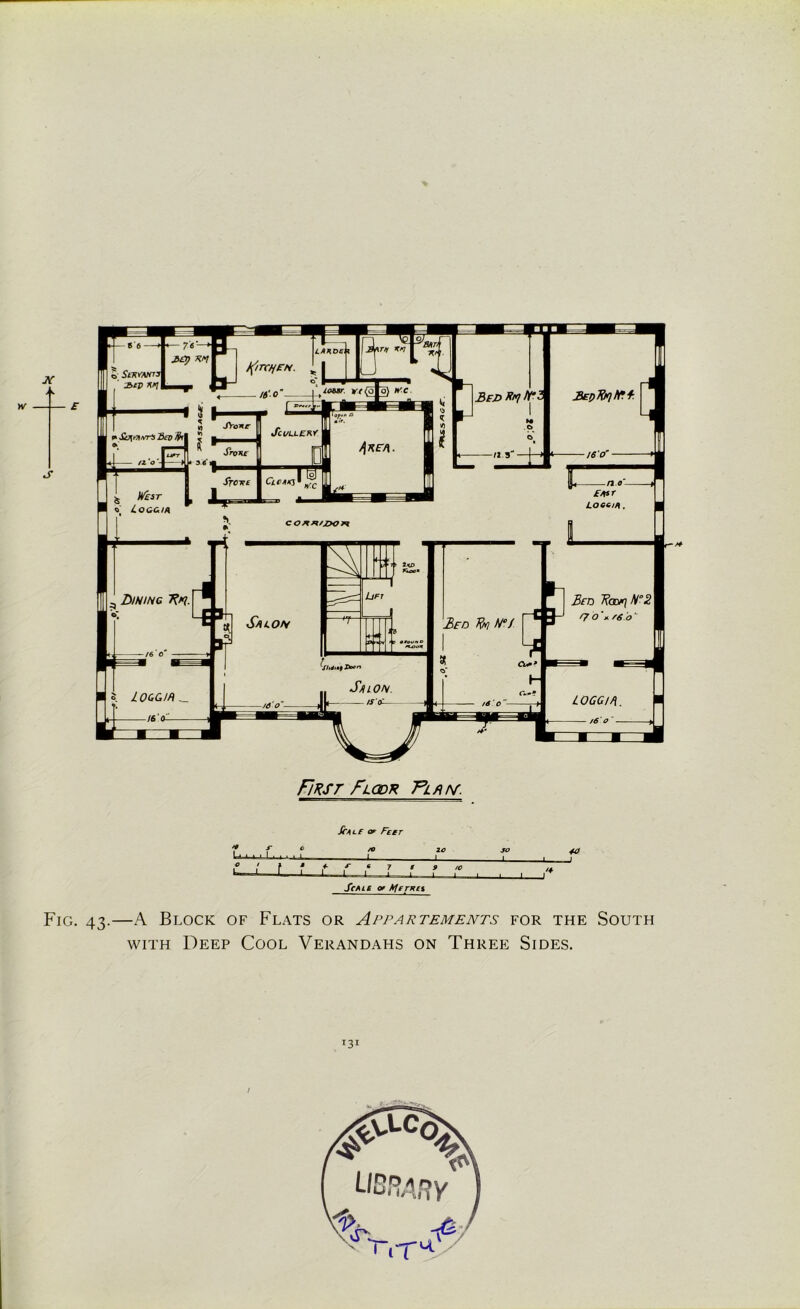 First Floor Flaiv. JcalF Peer ScALt v Aferxei Fig. 43.—A Block of Flats or Appartements for the South with Deep Cool Verandahs on Three Sides.