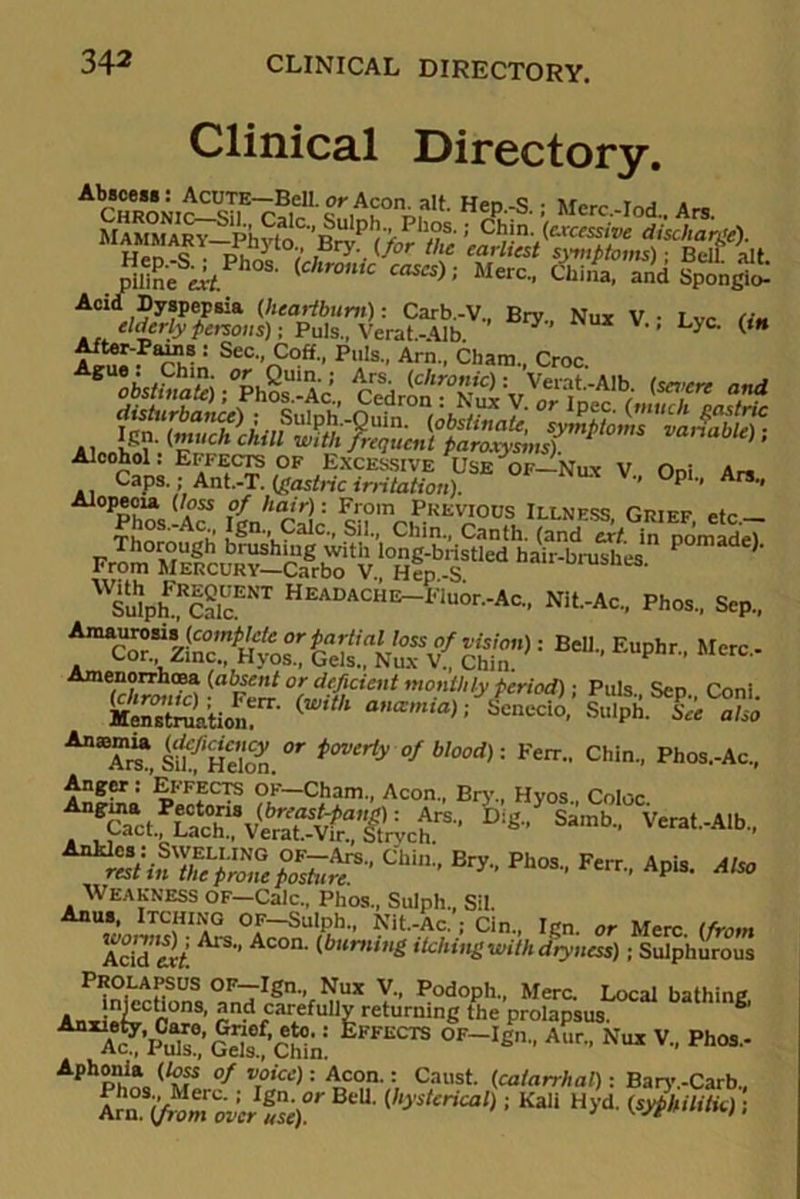 Clinical Directory. a- sea Acid Dyspepsiti (heartburn): Carb.-V., Bry.. Nux V • Lvc (in elderly persons); Pu]s., Verat.-AIb * Vl' Lyc' »*“■ : Sec., Coff., Puls., Arn., Cham., Croc. Alcohol: Effects of Excessive Use of-Nux V Oni Ar, Caps. ; Ant.-T. (gastric irritation). •> P •» Ars-> Alopecia (/oss 0/ hair): From Previous Illness Griff etr Thorough brushh^'wUli lo^g-bdst?ed^haSiushes*° P“made)' From Mercury—Carbo V. Hep -S LS' Su'}ph?CalcENT HEADACHE—FIuor-Ac., Nlt,Ac., Phos., Sep., Amaurosis(complclc or partial loss of vision): Bell., Euphr Mere - Cor. Zinc. Hyos., Gels., Nux V., Chin. p ’ IUerc' Am'££ °r deficient monthly period); Puls., Sep., Coni. HMoc - (W,t'1 anamta) : icDecio' SlP»' & also suf Heton. ^ °f b’°°d): Ferr- Chin., Phos.-Ac., Anger: Effects of—Cham., Aeon., Bry., Hyos Coloc ^ctfucrVemWi’ryc^’ ^ Samb-' Verat.-AIb., Chin-Bry-Phos-Ferr Ap-- ^ Weakness of—Calc., Phos., Suiph., Sil. Anus, Itching OF-Sulph., Nit.-Ac.; Cin., IRn. or Merc I from Acid 'exi. ^ AC°n' {b“nliS itching with dryness) ; Sulphurous Prolapsus OF-Ign Nux V., Podoph., Merc. Local bathing, A1. ■ f/ n°n8’ 2n.d carefully returning the prolapsus. S WcTS 0F-IgnAiir' N“v- Fh“- Aphp!'ac °f vfice): Aeon.: Caust. (catarrhal): Bary.-Carb., KS4r BtU-{hystcrical) ■ Kali Hyd Wkaiti* ■■