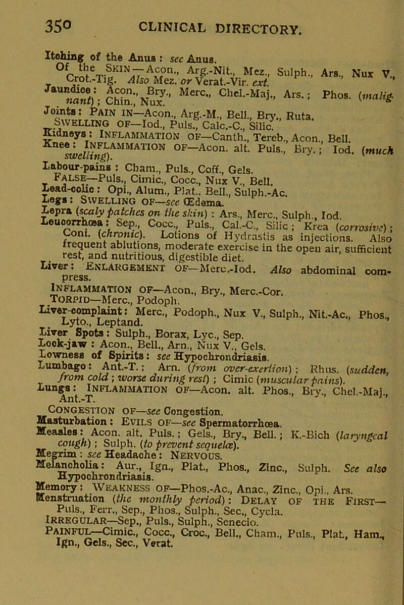 Itohing of the Anus : see Anus „ *■ N“ »- »«; S::mS: “=•■ Cha-U*i- »■ <»■>* Joints: Pain iN-Acon„ Arg.-M, Bell., Bn-., Ruta. Swelling of—Iod., Puls., Calc.-C., Silic. Kidneys: Inflammation of—Canth., Tereb., Aeon., Bell. aewJii,^AMMATI0N OF-Acon. alt. Puls., Bry.; Iod. (much Labour-pains : Cham., Puls., Coff, Gels. False—Puls., Ciinic., Cocc., Nux V., Bell. Lead-colic : Opi., Alum., Plat.. Bell., Sulph.-Ac. Legs: Swelling of—see CEdoma. lepra (scaly patches on the skin) : Ars., Merc., Sulph., Iod. Leuoorrhffla: Sep, Cocc Puls., Cal.-C„ Silic ; * Krea (corrosive); Coni, (chronic). Lotions of Hydrastis as injections. Also frequent ablutions, moderate exercise in the open air, sufficient rest, and nutritious, digestible diet. Liver. Enlargement of—Mere.-Iod. Also abdominal com- press. Inflammation OF—Aeon., Bry., Merc.-Cor. Torpid—Merc., Podoph. Liver-complaint: Merc., Podoph., Nux V., Sulph., Nit-Ac., Phos., Lyto., Leptand. Liver Spots : Sulph., Borax, Lyc., Sep. Look-jaw : Aeon., Bell., Arn, Nux V., Gels. Lowness of Spirits: see Hypoclirondriasis. Lumbago: Ant.-T.: Arn. (from over-cxerlion); Rhus, (sudden, from cold ; worse during rest) ; Cimic (muscular pants). Lungs: Inflammation of—Aeon. alt. Phos., Bry., Che!-Mai. Ant.-T. ‘ ’ Congestion of—sec Congestion. Masturbation: Evils of—see Spermatorrhoea. Measlee: Aeon. alt. Puls. : Gels., Bry., BeU.; K.-Bich (laryngeal cough)-, Sulph. (to prevent sequela). Megrim : see Headache: Nervous. Melancholia: Aur., Ign., Plat., Phos., Zinc., SulDh. See also Hypochrondriasis. Memory: Weakness of—Phos.-Ac., Anac., Zinc., Opi., Ars. Menstruation (the monthly period): Delay of the First— Puls., Ferr., Sep., Phos., Sulph., Sec., Cycla. Irregular—-Sep., Puls., Sulph., Scnecio. Painful—Cimic., Cocc., Croc., Bell., Cham., Puls., Plat., Ham, Ign, Gels, Sec, Verat.
