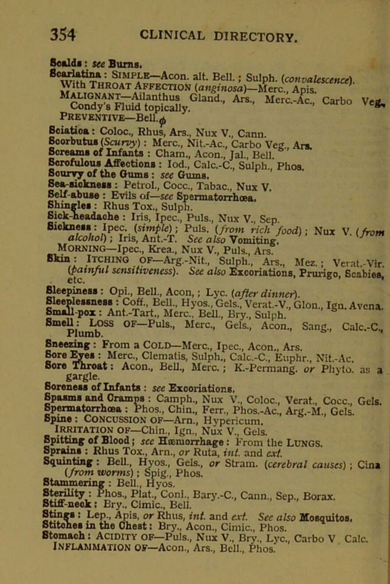 Scald*: see Burns. *““***“ : Simple—Aeon. alt. Bell.; Sulph. (convalescences. With Throat Affection (anginosa)—Merc., Apis ArS-’ MerC-Ac- Carb° Ve* Preventive—Bell.^ Soiatioa: Coloc., Rhus, Ars., Nux V., Cann. Scorbutus (Scurvy): Merc., Nit.-Ac., Carbo Veg Ars. Screams of Infants : Cham., Aeon., Jal., Bell. Scrofulous Affections : Iod., Calc.-C., Sulph., Phos. Souryy of the Gums : see Gums. Sea-sickness : Petrol., Cocc., Tabac., Nux V. Self abuse : Evils of—see Spermatorrhoea. Shingles : Rhus Tox., Sulph. Sick-headache : Iris, Ipec., Puls., Nux V., Sep. Sickness: Ipec. (simple)) Puls, (from rich food); Nux V. (from alcohol)) Ins, Ant.-JT. Sec also Vomiting. Morning—Ipec., Krea., Nux V., Puls., Ars. Skin: Itching OF—Arg.-Nit., Sulph., Ars., Mez.; Verat.-Vir. sensitiveness). See also Excoriations, Prurigo, Scabies, Sleepiness : Opl., Bell., Aeon,; Lyc. (after dinner). Sleeplessness : Coff. Bell., Hyos., Gels., Verat.-V., Glon., Ign. Avena. Small pox: Ant.-Tart„ Merc.. Bell., Bry., Sulph. Smell ; LOSS OF—Puls., Merc., Gels., Aeon., Sang., Calc.-C., Plumb. ' Sneezing ; From a COLD—Merc., Ipec., Aeon., Ars. Sore Eyes : Merc., Clematis, Sulpli., Calc.-C., Euphr., Nit-Ac. 8ore Throat: Aeon., Bell., Merc.; K.-Permang. or Phyto. as a gargle. Soreness of Infants : see Exoorintions, Spasms and Cramps : Camph., Nux V., Coloc., Verat., Cocc., Gels. Spermatorrhoea : Phos., Chin., Ferr., Phos.-Ac., Arg.-M., Gels. Spme: Concussion of—Arn., Hypericum. Irritation of—Chin., Ign., Nux V., Gels. Spitting of Blood; sec Haemorrhage: From the LUNGS. Sprains : Rhus Tox., Arn., or Ruta, int. and ext. Squinting: Bell., Hyos., Gels., or Strain, (cerebral causes); Cina (from worms); Spig., Phos. Stammering : Bell., Hyos. Sterility ; Phos., Plat., Coni., Bary.-C, Cann., Sep., Borax. Stiff-neck: Bry., Cimic., Bell. Stings : Lep., Apis, or Rhus, int. and ext. See also Mosquitos. Stitohes in the Chest: Bry., Aeon., Cimic., Phos Stomach: Acidity of—Puls., Nux V., Bn'., Lyc„ Carbo V Calc. INFLAMMATION OF—Aeon., Ars., Bell., Phos.