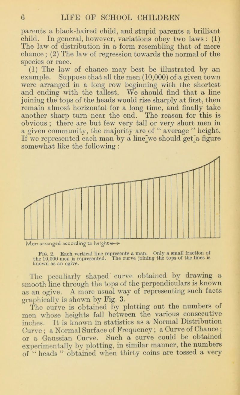 parents a black-liaired child, and stupid parents a brilliant child. In general, however, variations obey two laws : (1) The law of distribution in a form resembling that of mere chance ; (2) The law of regression towards the normal of the species or race. (1) The law of chance may best be illustrated by an example. Suppose that all the men (10,000) of a given town were arranged in a long row beginning with the shortest and ending with the tallest. We should find that a line joining the tops of the heads would rise sharply at first, then remain almost horizontal for a long time, and finally take another sharp turn near the end. The reason for this is obvious ; there are but few very tall or very short men in a given community, the majority are of “ average ” height. If we represented each man by a line]we should get a figure somewhat like the following : The peculiarly shaped curve obtained by drawing a smooth line through the tops of the perpendiculars is known as an ogive. A more usual way of representing such facts graphically is shown by Fig. 3. The curve is obtained by plotting out the numbers of men whose heights fall between the various consecutive inches. It is known in statistics as a Normal Distribution Curve ; a Normal Surface of Frequency; a Curve of Chance ; or a Gaussian Curve. Such a curve could be obtained experimentally by plotting, in similar manner, the numbers of “ heads ” obtained when thirty coins are tossed a very