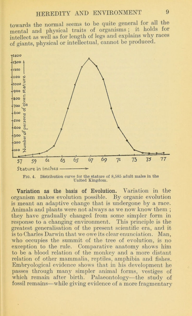 towards the normal seems to be quite general for all the mental and physical traits of organisms ; it holds for intellect as well as for length of legs and explains why races of giants, physical or intellectual, cannot be produced. Fig. 4. Distribution curve for the stature of 8,585 adult males in the United Kingdom. Variation as the basis of Evolution. Variation in the organism makes evolution possible. By organic evolution is meant an adaptive change that is undergone by a race. Animals and plants were not always as we now know them ; they have gradually changed from some simpler form in response to a changing environment. This principle is the greatest generalisation of the present scientific era, and it is to Charles Darwin that we owe its clear enunciation. Man, who occupies the summit of the tree of evolution, is no exception to the rule. Comparative anatomy shows him to be a blood relation of the monkev and a more distant relation of other mammalia, reptiles, amphibia and fishes. Embryological evidence shows that in his development he passes through many simpler animal forms, vestiges of which remain after birth. Palaeontology—the study of fossil remains—while giving evidence of a more fragmentary
