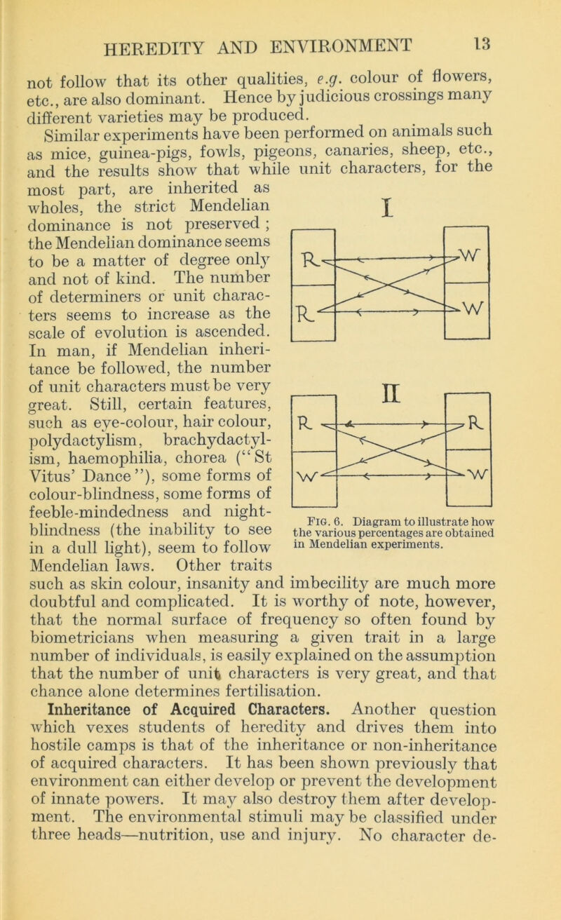 not follow that its other qualities, e.g. colour of flowers, etc., are also dominant. Hence by judicious crossings many different varieties may be produced. Similar experiments have been performed on animals such as mice, guinea-pigs, fowls, pigeons, canaries, sheep, etc., and the results show that while unit characters, for the most part, are inherited as wholes, the strict Mendelian dominance is not preserved ; the Mendelian dominance seems to be a matter of degree onty and not of kind. The number of determiners or unit charac- ters seems to increase as the scale of evolution is ascended. In man, if Mendelian inheri- tance be followed, the number of unit characters must be very great. Still, certain features, such as eye-colour, hair colour, polydactylism, brachydactyl- ism, haemophilia, chorea (“St Vitus’ Dance”), some forms of colour-blindness, some forms of feeble-mindedness and night- blindness (the inability to see in a dull light), seem to follow Mendelian laws. Other traits such as skin colour, insanity and imbecility are much more doubtful and complicated. It is worthy of note, however, that the normal surface of frequency so often found by biometricians when measuring a given trait in a large number of individuals, is easily explained on the assumption that the number of unit characters is very great, and that chance alone determines fertilisation. Inheritance of Acquired Characters. Another question which vexes students of heredity and drives them into hostile camps is that of the inheritance or non-inheritance of acquired characters. It has been shown previously that environment can either develop or prevent the development of innate powers. It may also destroy them after develop- ment. The environmental stimuli may be classified under three heads—nutrition, use and injury. No character de- I Fig. 6. Diagram to illustrate how the various percentages are obtained in Mendelian experiments.