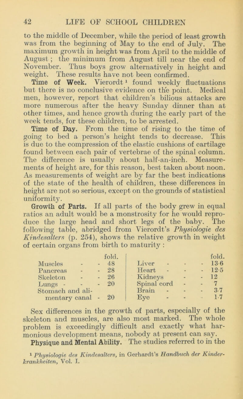 to the middle of December, while the period of least growth was from the beginning of May to the end of July. The maximum growth in height was from April to the middle of August; the minimum from August till near the end of November. Thus boys grow alternatively in height and weight. These results have not been confirmed. Time of Week. Vierordt1 found weekly fluctuations but there is no conclusive evidence on the point. Medical men, however, report that children’s bilious attacks are more numerous after the heavy Sunday dinner than at other times, and hence growth during the carty part of the week tends, for these children, to be arrested. Time of Day. From the time of rising to the time of going to bed a person’s height tends to decrease. This is due to the compression of the elastic cushions of cartilage found between each pair of vertebrae of the spinal column. The difference is usualty about half-an-inch. Measure- ments of height are, for this reason, best taken about noon. As measurements of weight are by far the best indications of the state of the health of children, these differences in height are not so serious, except on the grounds of statistical uniformity. Growth of Parts. If all parts of the body grew in equal ratios an adult would be a monstrosity for he would repro- duce the large head and short legs of the baby. The following table, abridged from Vierordt’s Physiologie des Kindescdters (p. 254), shows the relative growth in weight of certain organs from birth to maturity : Muscles fold. - 48 Liver fold. - 13 6 Pancreas - 28 Heart - 12 5 vSkeleton - 26 Kidneys - 12 Lungs - - 20 Spinal cord 7 Stomach and ali- Brain 37 mentary canal - 20 Eye 1.7 Sex differences in the growth of parts, especially of the skeleton and muscles, are also most marked. The whole problem is exceedingly difficult and exactly wLat har- monious development means, nobody at present can say. Physique and Mental Ability. The studies referred to in the 1 Physiologie des Kindesalters, in Gerhardt’s Handhuch der Kinder- Jcrankheiten, Vol. I.