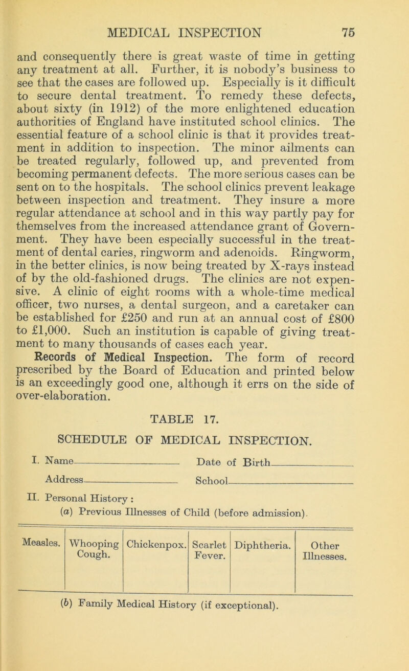 and consequently there is great waste of time in getting any treatment at all. Further, it is nobody’s business to see that the cases are followed up. Especially is it difficult to secure dental treatment. To remedy these defects, about sixty (in 1912) of the more enlightened education authorities of England have instituted school clinics. The essential feature of a school clinic is that it provides treat- ment in addition to inspection. The minor ailments can be treated regularly, followed up, and prevented from becoming permanent defects. The more serious cases can be sent on to the hospitals. The school clinics prevent leakage between inspection and treatment. They insure a more regular attendance at school and in this way partly pay for themselves from the increased attendance grant of Govern- ment. They have been especially successful in the treat- ment of dental caries, ringworm and adenoids. Ringworm, in the better clinics, is now being treated by X-rays instead of by the old-fashioned drugs. The clinics are not expen- sive. A clinic of eight rooms with a whole-time medical officer, two nurses, a dental surgeon, and a caretaker can be established for £250 and run at an annual cost of £800 to £1,000. Such an institution is capable of giving treat- ment to many thousands of cases each year. Records of Medical Inspection. The form of record prescribed by the Board of Education and printed below is an exceedingly good one, although it errs on the side of over-elaboration. TABLE 17. SCHEDULE OF MEDICAL INSPECTION. I. Name Date of Birth Address School II. Personal History: (a) Previous Illnesses of Child (before admission). Measles. Whooping Chickenpox. Scarlet Diphtheria. Other Cough. Fever. Illnesses. (6) Family Medical History (if exceptional).