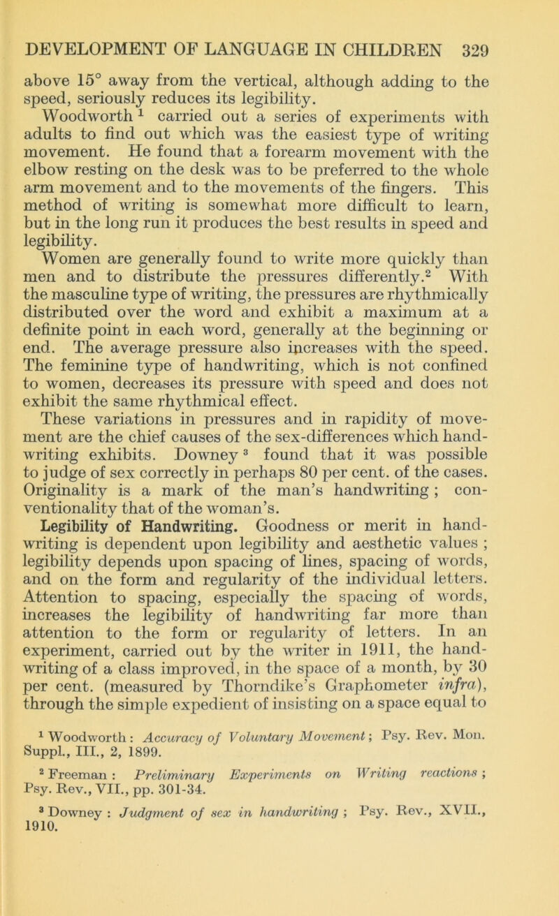above 15° away from the vertical, although adding to the speed, seriously reduces its legibility. Woodworth 1 carried out a series of experiments with adults to find out which was the easiest type of writing movement. He found that a forearm movement with the elbow resting on the desk was to be preferred to the whole arm movement and to the movements of the fingers. This method of writing is somewhat more difficult to learn, but in the long run it produces the best results in speed and legibility. Women are generally found to write more quickly than men and to distribute the pressures differently.2 With the masculine type of writing, the pressures are rhythmically distributed over the word and exhibit a maximum at a definite point in each word, generally at the beginning or end. The average pressure also ijicreases with the speed. The feminine type of handwriting, which is not confined to women, decreases its pressure with speed and does not exhibit the same rhythmical effect. These variations in pressures and in rapidity of move- ment are the chief causes of the sex-differences which hand- writing exhibits. Downey3 found that it was possible to judge of sex correctly in perhaps 80 per cent, of the cases. Originality is a mark of the man’s handwriting ; con- ventionality that of the woman’s. Legibility of Handwriting. Goodness or merit in hand- writing is dependent upon legibility and aesthetic values ; legibility depends upon spacing of lines, spacing of words, and on the form and regularity of the individual letters. Attention to spacing, especially the spacing of words, increases the legibility of handwriting far more than attention to the form or regularity of letters. In an experiment, carried out by the writer in 1911, the hand- writing of a class improved, in the space of a month, by 30 per cent, (measured by Thorndike’s Graphometer infra), through the simple expedient of insisting on a space equal to 1 Woodworth : Accuracy of Voluntary Movement; Psy. Rev. Mon. Suppl., III., 2, 1899. 2 Freeman : Preliminary Experiments on Writing reactions; Psy. Rev., VII., pp. 301-34. 3 Downey : Judgment of sex in handwriting ; Psy. Rev., XVII., 1910.