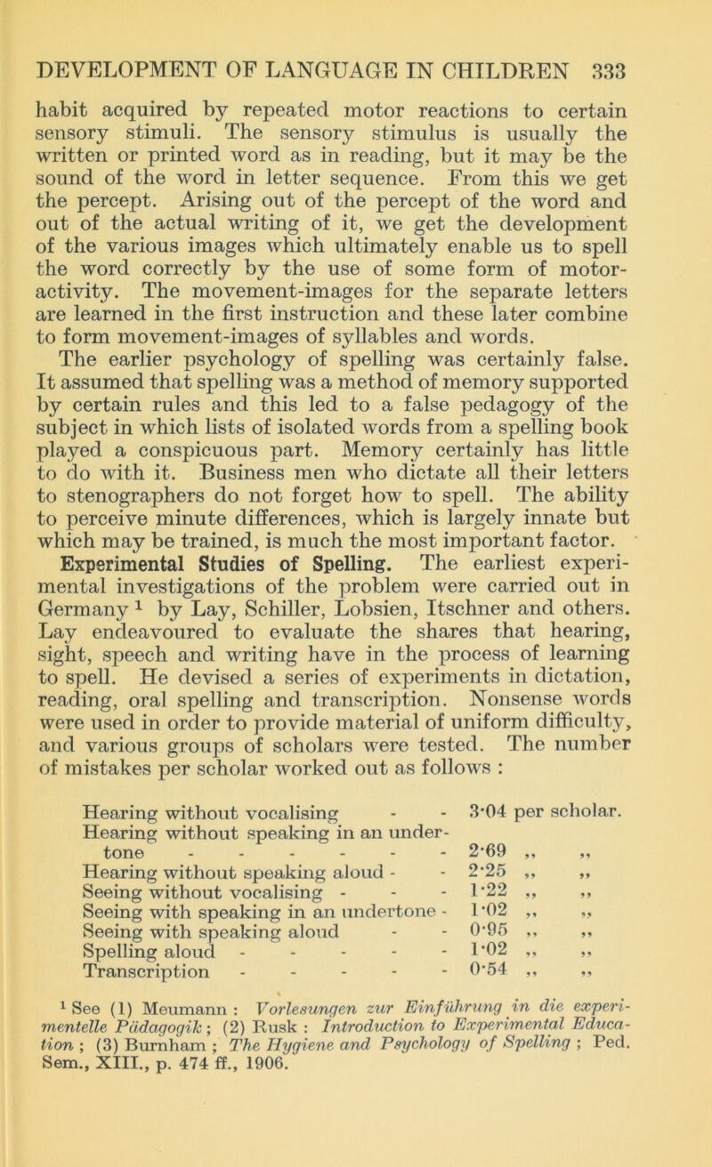 habit acquired by repeated motor reactions to certain sensory stimuli. The sensory stimulus is usually the written or printed word as in reading, but it may be the sound of the word in letter sequence. From this we get the percept. x4.rising out of the percept of the word and out of the actual writing of it, we get the development of the various images Avhich ultimately enable us to spell the word correctly by the use of some form of motor- activity. The movement-images for the separate letters are learned in the first instruction and these later combine to form movement-images of syllables and words. The earlier psychology of spelling was certainly false. It assumed that spelling was a method of memory supported by certain rules and this led to a false pedagogy of the subject in which lists of isolated words from a spelling book played a conspicuous part. Memory certainly has little to do with it. Business men who dictate all their letters to stenographers do not forget how to spell. The ability to perceive minute differences, which is largely innate but which may be trained, is much the most important factor. Experimental Studies of Spelling. The earliest experi- mental investigations of the problem were carried out in Germany 1 by Lay, Schiller, Lobsien, Itschner and others. Lay endeavoured to evaluate the shares that hearing, sight, speech and writing have in the process of learning to spell. He devised a series of experiments in dictation, reading, oral spelling and transcription. Nonsense words were used in order to provide material of uniform difficulty, and various groups of scholars were tested. The number of mistakes per scholar worked out as follows : Hearing without vocalising Hearing without speaking in an under- tone ------ Hearing without speaking aloud - Seeing without vocalising - Seeing with speaking in an undertone - Seeing with speaking aloud Spelling aloud - Transcription - - - - - 3‘04 per scholar. 2-69 „ 2*25 „ 1-22 „ 1-02 „ 0-95 „ P02 „ „ 0-54 „ « 1 See (1) Meumann : Vorlesungen zur Einfiihrung in die experi- mentelle PddagogiJc; (2) Rusk : introduction to Experimental Educa- tion ; (3) Burnham ; The Hygiene and Psychology of Spelling ; Ped. Sem., XIII., p. 474 ff., 1906.'