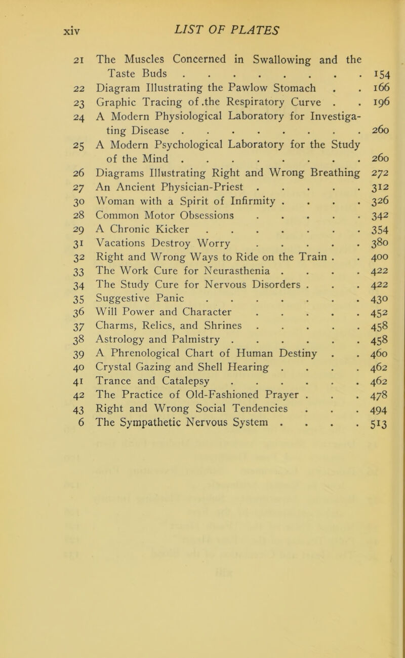 21 The Muscles Concerned in Swallowing and the Taste Buds 22 Diagram Illustrating the Pawlow Stomach 23 Graphic Tracing of .the Respiratory Curve . 24 A Modern Physiological Laboratory for Investiga- ting Disease 25 A Modern Psychological Laboratory for the Study of the Mind 26 Diagrams Illustrating Right and Wrong Breathing 27 An Ancient Physician-Priest 30 Woman with a Spirit of Infirmity . 28 Common Motor Obsessions 29 A Chronic Kicker 31 Vacations Destroy Worry . 32 Right and Wrong Ways to Ride on the Train . 33 The Work Cure for Neurasthenia .... 34 The Study Cure for Nervous Disorders . 35 Suggestive Panic 36 Will Power and Character ..... 37 Charms, Relics, and Shrines . . . . . 38 Astrology and Palmistry 39 A Phrenological Chart of Human Destiny 40 Crystal Gazing and Shell Hearing .... 41 Trance and Catalepsy ...... 42 The Practice of Old-Fashioned Prayer . 43 Right and Wrong Social Tendencies 6 The Sympathetic Nervous System .... 154 166 196 260 260 272 312 326 342 354 380 400 422 422 430 452 458 458 460 462 462 478 494 5:3