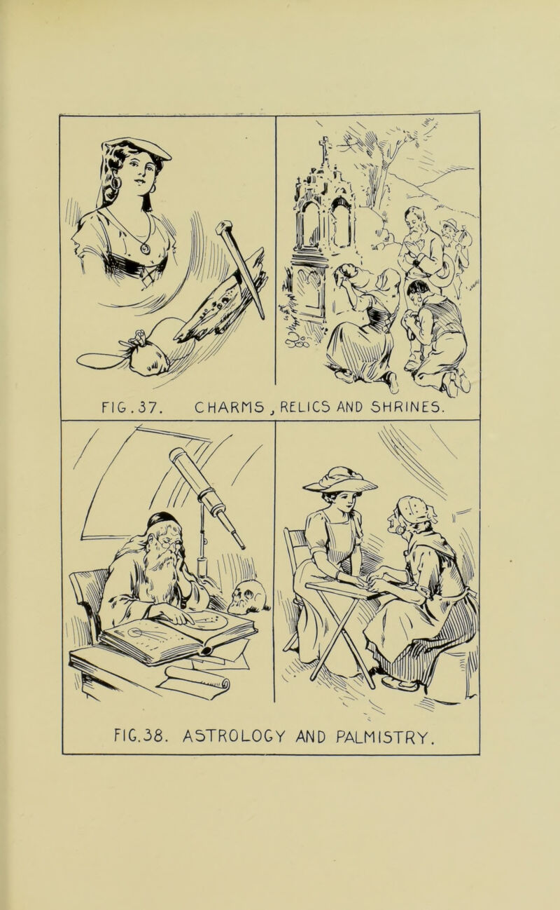 FIG.37. CHARMS , RELICS AND SHRINES. FIG.38. ASTROLOGY AND PALMISTRY.