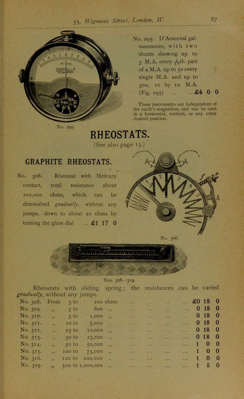 No. 295. D’Arsonval gal- vanometer, with two shunts showing up to 5 M.A. every jj^th part of a M.A. up to 50 every single M.A. and up to 500, 10 by 10 M.A. (Fig. 295) £4 0 0 These instruments are independent of the earth’s magnetism, and can be used in a horizontal, vertical, or any other desired position. No. 295. RHEOSTATS. (See also page 15.) GRAPHITE RHEOSTATS. No. 306. Rheostat with Mercury contact, total resistance about 100,000 ohms, which can be diminished gradually, without any jumps, down to about 20 ohms by turning the glass dial ... £1 17 0 No. 306. Nos. 308—319. Rheostats with sliding spring; the resistances can be varied gradually, without any jumps. No. 308. From 3 to 200 ohms ... £0 18 0 No. 309. 5 to 600 ,, ... 0 18 0 No. 310. n 5 to 1,000 „ ... 0 18 0 No. 311. 10 to 5,000 . ... 0 18 0 No. 312. 25 to 10,000 ,, ... 0 18 0 No. 313. •) 50 to 25,000 „ ... 0 18 0 No. 314. 50 to 50,000 „ ... 1 0 0 No. 315. ♦ 100 to 75,000 ,. ... 1 0 0 No. 316. 100 to 100,000 ., ... 1 0 0 No. 319. n 500 to I 000,000 ,, . . ... 1 5 0