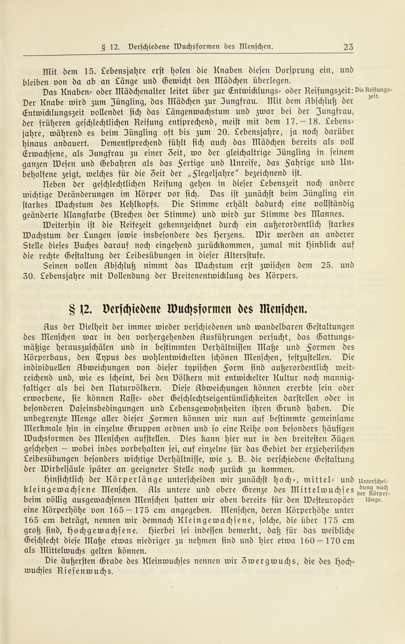ITTit bem 15. £ebensjal)re erft t)olen bie Knaben biefen Dorfprung ein, unb bleiben oon ba ab an £änge unb (Bewiest ben RTäbd)en überlegen. Das Knaben* ober ITIäbdjenalter leitet über 3ur (Entwicklungs* ober Keifungs3eit:^eRejfungs Der Knabe wirb 3um 3ürtgling, bas lKäbd)en 3ur 3ungfrau. XTIit bem Rbfd)lufj ber <Entroicklungs3eit oollenbet fid) bas £ängenwad)stum unb 3war bei ber 3ungfrau, ber früheren gefd)Ied)tlid)en Reifung entfpred)enb, meift mit bem 17.-18. £ebens= jafyre, roäl)renb es beim 3üngling oft bis 3um 20. £ebensjal)re, ja nod) barüber hinaus anbauert. Dementfpred)enb fül)lt fid) aud) bas IKäbd)en bereits als ooll <£rwad)fene, als 3ungfrau 311 einer Seit, roo ber gleichaltrige 3iingling in (einem gan3en IDejen unb (Bebat)ren als bas 5ertige unb Unreife, bas 5afyrt9e unb ^n= beholfene 3eigt, welches für bie Seit ber „5legeljaf)re be3eid)nenb ift. Reben ber gefd)led)tlid)en Reifung get)en in biefer £ebens3eit nod) anbere widrige Deränberungen im Körper oor (id). Das ift 3unäd)ft beim 3üngling ein ftarkes R)ad)stum bes Kefylkopfs. Die Stimme erfyält baburd) eine oollftänbig geänberte Klangfarbe (Brechen ber Stimme) unb roirb 3ur Stimme bes Rlannes. U)eitert)in ift bie Reife3eit gekemi3eid)net burd) ein aufeerorbentlid) ftarkes R)ad)stum ber £ungen joroie insbefonbere bes her3ens- Eöit werben an anberer Stelle biejes Bud)es barauf nod) einget)enb 3uriidikommen, 3umal mit hiufrftck auf bie red)te (Beftaltung ber £eibesiibungen in biefer Rltersftufe. Seinen oollen Rbfdjlufo nimmt bas R)ad)stum erft 3toifd)en bem 25. unb 30. £ebensjal)re mit Dollenbung ber Breitenentwicklung bes Körpers. § \2. Derjd)iei>ene tt)ud)$formen tos ffieitjdjen. Rus ber Dielt)eit ber immer roieber oerfd)iebenen unb roanbelbaren (Besaitungen bes TKenjd)en war in ben oorl)ergef)enben Rusfüt)rungen oerfud)t, bas (Battungs* mäßige l)eraus3ufd)älen unb in beftimmten Dert)ältniffen IRafre unb 5ormen bes Körperbaus, ben üppus bes wol)lentwickelten jd)önen RTenfd)en, fefeuftellen. Die inbioibuellen Rbweid)ungen r>on biefer tppifdjen 5orm finb aufjerorbentlid) weit* reid)enb unb, wie es fd)eint, bei ben Dölkern mit entwickelter Kultur nod) mannig* faltiger als bei ben Raturoölkern. Diefe Rbweid)ungen können ererbte fein ober erworbene, fie können Raffe* ober (Befd)led)tseigentiimlid)keiten barftellen ober in befonberen Dafeinsbebingungen unb £ebensgewot)nl)eiten il)ren (Brurtb l)aben. Die unbegren3te RTenge aller biefer 5ormen können wir nun auf beftimmte gemeinfame RTerkmale t)in in ein3elne (Bruppen orbnen unb fo eine Reil)e oon befonbers häufigen £Oud)sformen bes RTenfdjen aufftellen. Dies kann t)ier nur in ben breiteften 3ügen gefd)et)en — wobei inbes oorbefyalten fei, auf ein3elne für bas (Bebiet ber er3iet)erifcben £eibesiibungen befonbers wid)tige Derl)ältniffe, wie 3. B. bie uerfd)iebene (Beftaltung ber IDirbelfäuIe fpäter an geeigneter Stelle nod) 3urück 311 kommen. t)infid)tlid) ber Kör per länge unterfd)eiben wir 3unäd)ft l)od) = , mittel* unb unterst* kleingewad)fene Rlenfcfyen. Rls untere unb obere (Brert3e bes Rtittelu>ud)fes ö^Körpcr beim oöllig ausgewad)fenen Tttenfdjen hatten wir oben bereits für ben IDefteuropäer länge, eine Körperl)öl)e oon 165 - 175 cm angegeben. Rtenfd)en, beren Körperhöhe unter 165 cm beträgt, nennen wir bemnacf) Kleingewad)fene, fold)e, bie über 175 cm grof} finb, h°d)gewad)fene. h^b^ inbeffen bemerkt, baft für bas weiblid)e (Bejd)Ied)t biefe ITTafoe etwas niebriger 3U nel)men finb unb l)ier etwa 160- 170 cm als Ktittelmud)s gelten können. Die äufterften (Brabe bes Kleinwud)fes nennen wir 3wergwud)s, bie bes f)od)= wud)fes Riefenwud)s.