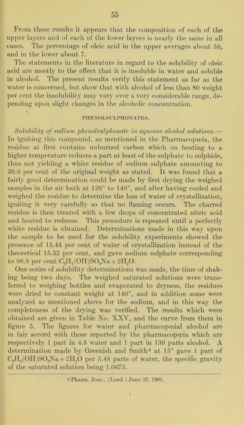 From these results it appears that the composition of each of the upper layers and of each of the lower layers is nearly the same in all cases. The percentage of oleic acid in the upper averages about 36, and in the lower about 7. The statements in the literature in regard to the solubility of oleic acid are mostly to the effect that it is insoluble in water and soluble in alcohol. The present results verify this statement as far as the water is concerned, but show that with alcohol of less than 80 weight per cent the insolubility may vary over a very considerable range, de- pending upon slight changes in the alcoholic concentration. \ PHENOLSULPHONATES. Solubility of sodium phenolsulphonate in aqueous alcohol solutions.— In igniting this compound, as mentioned in the Pharmacopoeia, the residue at first contains unburned carbon which on heating to a higher temperature reduces a part at least of the sulphate to sulphide, thus not yielding a white residue of sodium sulphate amounting to 30.6 per cent of the original weight as stated. It was found that a fairly good determination could be made by first drying the weighed samples in the air bath at 120° to 140°, and after having cooled and weighed the residue to determine the loss of water of crystallization, igniting it very carefully so that no flaming occurs. The charred residue is then treated with a few drops of concentrated nitric acid and heated to redness. This procedure is repeated until a perfectly white residue is obtained. Determinations made in this way upon the sample to be used for the solubility experiments showed the presence of 15.44 per cent of water of crystallization instead of the theoretical 15.52 per cent, and gave sodium sulphate corresponding to 98.9 per cent CeIT4(0H)S03Na + 2H20. One series of solubility determinations was made, the time of shak- ing being two days. The weighed saturated solutions were trans- ferred to weighing bottles and evaporated to dryness, the residues were dried to constant weight at 140°, and in addition some were analyzed as mentioned above for the sodium, and in this wa}^ the completeness of the drying was verified. The results which were obtained are given in Table No. XXV, and the curve from them in figure 5. The figures for water and pharmacopoeial alcohol are in fair accord with those reported by the pharmacopoeia which are respectively 1 part in 4.8 water and 1 part in 130 parts alcohol. A determination made by Greenish and Smith® at 15° gave 1 part of C6H4(0H)S03Na + 2H20 per 5.48 parts of water, the specific gravity of the saturated solution being 1.0675. aPharm. Jour., (Loud.) June 22, 1901.