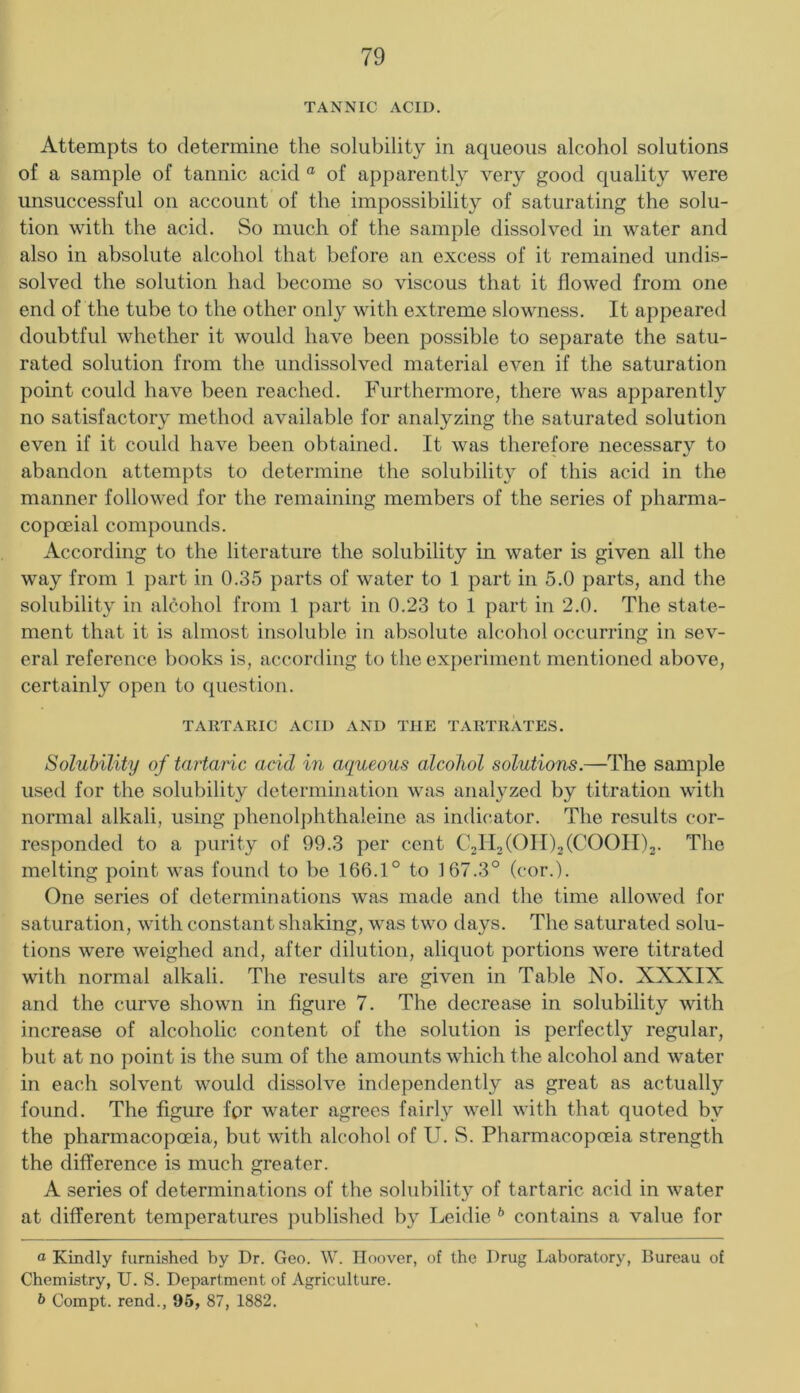 TANNIC ACID. Attempts to determine the solubility in aqueous alcohol solutions of a sample of tannic acid “ of apparently very good quality were unsuccessful on account of the impossibility of saturating the solu- tion with the acid. So much of the sample dissolved in water and also in absolute alcohol that before an excess of it remained undis- solved the solution had become so viscous that it flowed from one end of the tube to the other only with extreme slowness. It appeared doubtful whether it would have been possible to separate the satu- rated solution from the undissolved material even if the saturation point could have been reached. Furthermore, there was apparently no satisfactory method available for analyzing the saturated solution even if it could have been obtained. It was therefore necessary to abandon attempts to determine the solubility of this acid in the manner followed for the remaining members of the series of pharma- copoeia! compounds. According to the literature the solubility in water is given all the way from 1 part in 0.35 parts of water to 1 part in 5.0 parts, and the solubility in alcohol from 1 part in 0.23 to 1 part in 2.0. The state- ment that it is almost insoluble in absolute alcohol occurring in sev- eral reference books is, according to the experiment mentioned above, certainly open to question. TARTARIC ACID AND THE TARTRATES. Solubility of tartaric acid in aqueous alcohol solutions.—The sample useil for the solubility determination was analyzed by titration with normal alkali, using phenol])hthaleine as indicator. The results cor- responded to a purity of 99.3 per cent C2ll2(OII)2(COOH)2. The melting point was found to be 166.1° to 167.3° (cor.). One series of determinations was made and the time allowed for saturation, with constant shaking, was two days. The saturated solu- tions were weighed and, after dilution, aliquot portions were titrated with normal alkali. The results are given in Table No. XXXIX and the curve shown in figure 7. The decrease in solubility with increase of alcoholic content of the solution is perfectly regular, but at no point is the sum of the amounts which the alcohol and water in each solvent would dissolve independently as great as actually found. The figure for water agrees fairly well with that quoted by the pharmacopoeia, but with alcohol of IT. S. Pharmacopoeia strength the difference is much greater. A series of determinations of the solubility of tartaric acid in water at olifferent temperatures publisheol by Leidie ^ contains a value for a Kindly furnished by Dr. Geo. W. Hoover, of the Drug Laboratory, Bureau of Chemistry, U. S. Department of Agriculture. b Compt. rend., 95, 87, 1882.