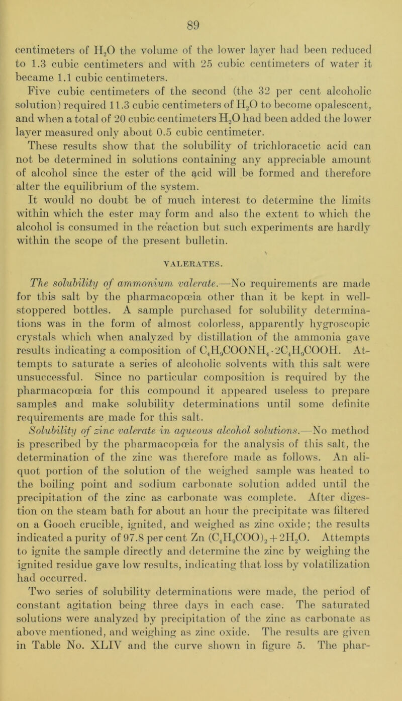 centimeters of II2O the volume of the lower layer had been reduced to 1.3 cubic centimeters and with 25 cubic centimeters of water it became 1.1 cubic centimeters. Five cubic centimeters of the second (the 32 per cent alcoholic solution) required 11.3 cubic centimeters of HoO to become opalescent, and when a total of 20 cubic centimeters H2O had been added the lower layer measured only about 0.5 cubic centimeter. These results show that the solubility of trichloracetic acid can not be determined in solutions containing any appreciable amount of alcohol since the ester of the f),cid will be formed and therefore alter the equilibrium of the system. It would no doubt be of much interest to determine the limits within which the ester may form and also the extent to which the alcohol is consumed in the redaction but such experiments are hardly within the scope of the present bulletin. VALERATES. The solubility of ammonium, valerate.—No requirements are made for this salt by the pharmacopoeia other than it be kept in well- stoppered bottles. A sample purchased for solubility determina- tions was in the form of almost colorless, apparently hygroscopic crystals which when analyzed by distillation of the ammonia gave results indicating a composition of CJIs,COONIl4-20^1900011. At- tempts to saturate a series of alcoholic solvents with this salt were unsuccessful. Since no particular composition is required by the pharmacopoeia for this compound it appeared useless to pre])are samples and make solubility determinations until some definite requirements are made for this salt. Solubility of zinc valerate in aqueous alcohol solutions.—No method is prescribed by the pharmacopoeia for the analysis of this salt, the determination of the zinc was therefore made as follows. An ali- quot portion of the solution of the weighed sample was heated to the boiling point and sodium carbonate solution added until the precipitation of the zinc as carbonate was complete. After diges- tion on the steam bath for about an hour the precipitate was filtered on a Gooch crucible, ignited, and weighed <as zinc oxide; the results indicated a purity of 97.8 per cent Zn (C4TT„C()0)2 + 2TI2O. Attempts to ignite the sample directly and determine the zinc by weighing the ignited residue gave low results, indicating that loss by volatilization had occurred. Two series of solubility determinations were made, the period of constant agitation being three da3^s in each case. The saturated .solutions were analyzed by precij)itation of the zinc as carbonate as above mentioned, and weighing as zinc oxide. The results are given in Table No. XLIV and the curve shown in figure 5. The phar-
