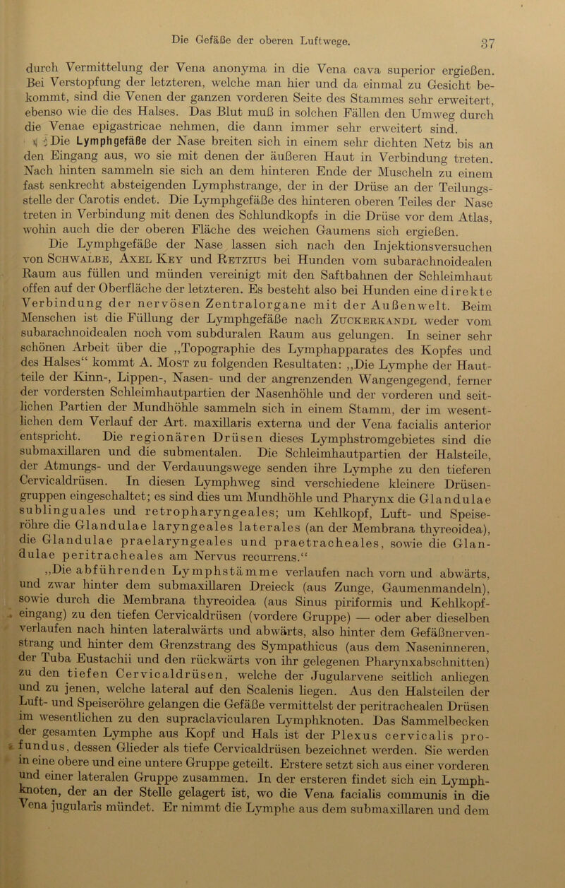 durch Vermittelung der Vena anonyma in die Vena cava superior ergießen. Bei Verstopfung der letzteren, welche man hier und da einmal zu Gesicht be- kommt, sind die Venen der ganzen vorderen Seite des Stammes sehr erweitert, ebenso wie die des Halses. Das Blut muß in solchen Fällen den Umweg durch die Venae epigastricae nehmen, die dann immer sehr erweitert sind. ^ iDie Lymphgefäße der Nase breiten sich in einem sehr dichten Netz bis an den Eingang aus, wo sie mit denen der äußeren Haut in Verbindung treten. Nach hinten sammeln sie sich an dem hinteren Ende der Muscheln zu einem fast senkrecht absteigenden Lymphstrange, der in der Drüse an der Teilungs- stelle der Carotis endet. Die Lymphgefäße des hinteren oberen Teiles der Nase treten in Verbindung mit denen des Schlundkopfs in die Drüse vor dem Atlas, Avohin auch die der oberen Fläche des weichen Gaumens sich ergießen. Die Lymphgefäße der Nase lassen sich nach den Injektionsversuchen von Schwalbe, Axel Key und Retzius bei Hunden vom subarachnoidealen Raum aus füllen und münden vereinigt mit den Saftbahnen der Schleimhaut offen auf der Oberfläche der letzteren. Es besteht also bei Hunden eine direkte Verbindung der nervösen Zentralorgane mit der Außenwelt. Beim Menschen ist die Füllung der Lymphgefäße nach Zuckerkandl weder vom subarachnoidealen noch vom subduralen Raum aus gelungen. In seiner sehr schönen Arbeit über die „Topographie des Lymphapparates des Kopfes und des Halses“ kommt A. Most zu folgenden Resultaten: „Die Lymphe der Haut- teile der Kinn-, Lippen-, Nasen- und der angrenzenden Wangengegend, ferner der vordersten Schleimhautpartien der Nasenhöhle und der vorderen und seit- Hchen Partien der Mundhöhle sammeln sich in einem Stamm, der im wesent- lichen dem Verlauf der Art. maxillaris externa und der Vena facialis anterior entspricht. Die regionären Drüsen dieses Lymphstromgebietes sind die submaxillaren und die submentalen. Die Schleimhautpartien der Halsteile, der Atmungs- und der Verdauungswege senden ihre Lymphe zu den tieferen Cervicaldrüsen. In diesen Lymphweg sind verschiedene kleinere Drüsen- gruppen eingeschaltet; es sind dies um Mundhöhle und Pharynx die Glandulae sublinguales und retropharyngeales; um Kehlkopf, Luft- und Speise- löhre die Glandulae laryngeales laterales (an der Membrana thyreoidea), die Glandulae praelaryngeales und praetracheales, sowie die Glan- dulae peritracheales am Nervus recurrens.“ ,,Die abführenden Lymphstämme verlaufen nach vorn und abwärts, und zwar hinter dem submaxillaren Dreieck (aus Zunge, Gaumenmandeln), sowie durch die Membrana thyreoidea (aus Sinus piriformis und Kehlkopf- eingang) zu den tiefen Cervicaldrüsen (vordere Gruppe) — oder aber dieselben verlaufen nach hinten lateralwärts und abwärts, also hinter dem Gefäßnerven- strang und hinter dem Grenzstrang des Sympathicus (aus dem Naseninneren, der Tuba Eustachii und den rückwärts von ihr gelegenen Pharynxabschnitten) zu den tiefen Cervicaldrüsen, welche der Jugularvene seitlich anliegen und zu jenen, welche lateral auf den Scalenis liegen. Aus den Halsteilen der Luft- und Speiseröhre gelangen die Gefäße vermittelst der peritrachealen Drüsen im wesentlichen zu den supraclavicularen Lymphknoten. Das Sammelbecken der gesamten Lymphe aus Kopf und Hals ist der Plexus cervicalis pro- fundus, dessen Glieder als tiefe Cervicaldrüsen bezeichnet werden. Sie werden m eine obere und eine untere Gruppe geteilt. Erstere setzt sich aus einer vorderen und einer lateralen Gruppe zusammen. In der ersteren findet sich ein Lymph- ^oten, der an der Stelle gelagert ist, wo die Vena facialis communis in die Vena jugularis mündet. Er nimmt die Lymphe aus dem submaxillaren und dem