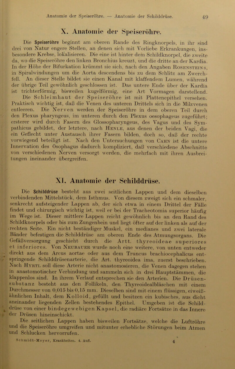 X. Anatomie der S])eiseröhre. Die Speiseröhre beginnt am oberen Rande des Ringknorpels, in ihr sind drei von Natur engere Stellen, an denen sich mit Vorliebe Erkrankungen, ins- besondere Krebse, lokalisieren. Die eine ist hinter dein Schildknorpel, die zweite da, wo die Speiseröhre den linken Bronchius kreuzt, und die dritte an der Kardia. In der Höhe der Bifurkation krümmt sie sich, nach den Angaben Rosensteins, in Spiralwindungen um die Aorta descendens bis zu dem Schlitz am Zwerch- fell. An dieser Stelle bildet sie einen Kanal mit klaffendem Lumen, während der übrige Teil gewöhnhch geschlossen ist. Das untere Ende über der Kardia ist trichterförmig, bisweilen kugelförmig, eine Art Vormagen darstellend. Die Schleimhaut der Speiseröhre ist mit Plattenepithel versehen. Praktisch wichtig ist, daß die Venen des unteren Drittels sich in die Milzvenen entleeren. Die Nerven werden der Speiseröhre in dem oberen Teil durch den Plexus pharyngeus, im unteren durch den Plexus oesophageus zugeführt; ersterer vürd durch Fasern des Glossopharyngeus, des Vagus und des Sym- pathicus gebildet, der letztere, nach Henle, aus denen der beiden Vagi, die ein Geflecht unter Austausch ihrer Fasern bilden, doch so, daß der rechte vorvdegend beteiligt ist. Nach den Untersuchungen von Cahn ist die untere Innervation des Ösophagus dadurch kompliziert, daß verschiedene Abschnitte von verschiedenen Nerven versorgt werden, die mehrfach mit ihren Ausbrei- tungen ineinander übergreifen. XI. Anatomie der Schilddrüse. Die Schilddrüse besteht aus zwei seitlichen Lappen und dem dieselben verbindenden Mittelstück, dem Isthmus. Von diesem zweigt sich ein schmaler, senkrecht auf steigender Lappen ab, der sich etwa in einem Drittel der Fälle findet und chirurgisch wichtig ist, weil er bei der Tracheotomia superior häufig im Wege ist. Dieser mittlere Lappen reicht gewöhnlich bis an den Rand des Schildknorpels oder bis zum Zungenbein und liegt öfter auf der linken als auf der ^rechten Seite. Ein nicht beständiger Muskel, ein medianes und zwei laterale Bänder befestigen die Schilddrüse am oberen Ende des Atmungsorgans. Die Gefäßversorgung geschieht durch die Artt. thyreoideae superiores et inferiores. Von Neubauer wurde noch eine \veitere, von unten entweder direkt aus dem Arcus aortae oder aus dem Truncus brachiocephalicus ent- springende Schilddrüsenarterie, die Art. thyreoidea ima, zuerst beschrieben. Nach Hyrtl soll diese Arterie nicht anastomosieren, die Venen dagegen stehen in anastomotischer Verbindung und sammeln sich in drei Hauptstämmen, die klappenlos sind. In ihrem Verlauf entsprechen sie den Arterien. Die Drüsen- substanz besteht aus den Folhkeln, den Thyreoidealbläschen mit einem Durchmesser von 0,015 bis 0,15 mm. Dieselben sind mit einem flüssigen, eiweiß- ähnlichen Inhalt, dem Kolloid, gefüllt und besitzen ein kubisches, aus dicht aneinander liegenden Zellen bestehendes Epithel. Umgeben ist die Schild- drüse von einer bindegewebigen Kapsel, die radiäre Fortsätze in das Innere der Di'üsen hineinschickt. Die seitlichen Lappen haben bisweilen Fortsätze, Avelche die Luftröhre und die Speiseröhre umgreifen und mitunter erhebliche Störungen beim Atmen und Schlucken hervorrufen. Schmidt-Meyer, Krankheiten. 4. Aufl. 4