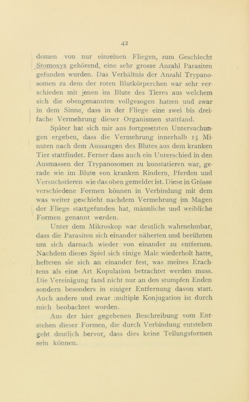 domen von nur einzelnen Fliegen, zum Geschlecht Stomoxys gehörend, eine sehr grosse Anzahl Parasiten gefunden wurden. Das Verhältnis der Anzahl Trypano- somen zu dem der roten Blutkörperchen war sehr ver- schieden mit jenen im Blute des Tieres aus welchem sich die obengenannten vollgesogen hatten und zwar in dem Sinne, dass in der Fliege eine zwei bis drei- fache Vermehrung dieser Organismen stattfand. Später hat sich mir aus fortgesetzten Untersuchun- gen ergeben, dass die Vermehrung innerhalb 15 Mi- nuten nach dem Aussaugen des Blutes aus dem kranken Tier stattfindet. Ferner dass auch ein Unterschied in den Ausmassen der Trypanosomen zu konstatieren war, ge- rade wie im Blute von kranken Rindern, Pferden und Versuchstieren wie das oben gemeldet ist. Diese in Grösse verschiedene Formen können in Verbindung mit dem was weiter geschieht nachdem Vermehrung im Magen der Fliege stattgefunden hat, männliche und weibliche Formen genannt werden. Unter dem Mikroskop war deutlich wahrnehmbar, dass die Parasiten sich einander näherten und berührten um sich darnach wieder von einander zu entfernen. Nachdem dieses Spiel sich einige Male wiederholt hatte, hefteten sie sich an einander fest, was meines Erach- tens als eine Art Kopulation betrachtet werden muss. Die Vereinigung fand nicht nur an den stumpfen Enden sondern besonders in einiger Entfernung davon statt. Auch andere und zwar multiple Konjugation ist durch mich beobachtet worden. Aus der hier gegebenen Beschreibung vom Ent- stehen dieser Formen, die durch Verbindung entstehen geht deutlich hervor, dass dies keine Teilungsformen sein können.