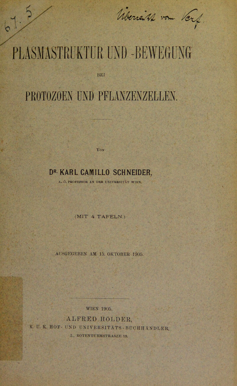 BEI PROTOZOEN UND PFLANZENZELLEN. Von DR KARL CAMILLO SCHNEIDER, A. Ö. PROFESSOR AN DER UNIVERSITÄT WIEN. (MIT 4 TAFELN.) AUSGEGEBEN AM 15. OKTOBER 1905. WIEN 1905. ALFRED HOLDER, K. U. K. HOF- IJNI) UNIVERSITÄTS - BUOHH ANDUER,