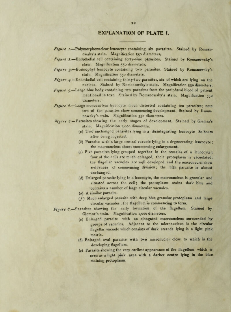 EXPLANATION OF PLATE I. Figure /.—Polymorphonuclear leucocyte containing six parasites. Stained by Roman- owsky’s stain. Magnification 550 diameters. Figure 2.—Endothelial cell containing forty-nine parasites. Stained by Romanowsky’s stain. Magnification 550 diameters. Figure j.—Eosinophyl leucocyte containing two parasites. Stained by Romanowsky’s stain. Magnification 550 diameters. Figure ^. — Endothelial cell containing thirty-two parasites, six of which are lying on the nucleus. Stained by Romanowsky’s stain. Magnification 550 diameters. Figure j.—Large blue body containing two parasites from the peripheral blood of patient mentioned in text. Stained by Romanowsky’s stain. Magnification 550 diameters. Figure 6.—Large mononuclear leucocyte much distorted containing ten parasites; note two of the parasites show commencing development. Stained by Roma- nowsky’s stain. Magnification 550 diameters. figure 7.— Parasites showing the early stages of development. Stained by Giemsa’s stain. Magnification 1,000 diameters. (a) Two unchanged parasites lying in a disintegrating leucocyte 80 hours after being ingested. (^) Parasite with a large central vacuole lying in a degenerating leucocyte ; the macronucleus shows commencing enlargement. (c) Five parasites lying grouped together in the remains of a leucocyte; four of the cells are much enlarged, their protoplasm is vacuolated, the flagellar vacuoles are well developed, and the macronuclei show evidences of commencing division; the fifth parasite is almost unchanged. (ei) Enlarged parasite lying in a leucocyte, the macronucleus is granular and situated across the cell; the protoplasm stains dark blue and contains a number of large circular vacuoles. (e) A similar parasite. (/■) Much enlarged parasite with deep blue granular protoplasm and large circular vacuoles ; the flagellum is commencing to form. Piaure 8, Parasites showing the early formation of the flagellum. Stained by Giemsa’s stain. Magnification 1,000 diameters. [a) Enlarged parasite with an elongated macronucleus surrounded by groups of vacuoles. Adjacent to the micronucleus is the circular flagellar vacuole which consists of dark strands lying in a light pink matrix. (i) Enlarged oval parasite with two micronuclei close to which is the developing flagellum. (c) Parasite showing the very earliest appearance of the flagellum which is seen as a light pink area with a darker centre lying in the blue staining protoplasm.