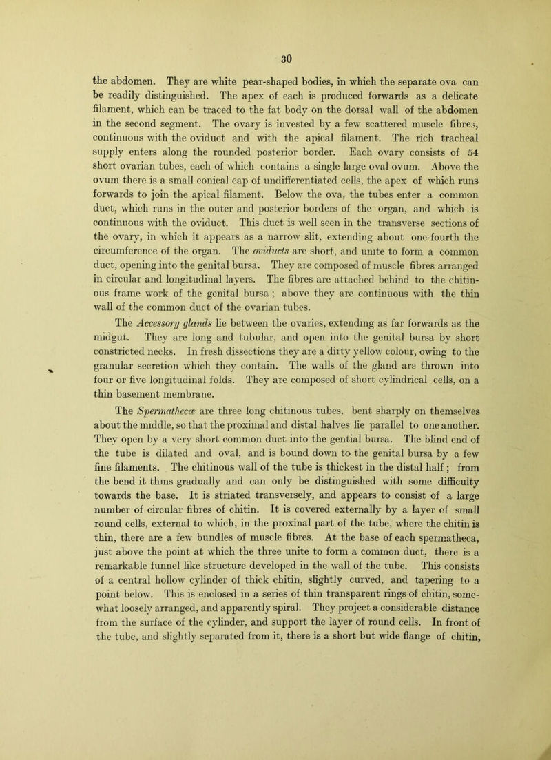 the abdomen. They are white pear-shaped bodies, in which the separate ova can be readily distinguished. The apex of each is produced forwards as a delicate filament, which can be traced to the fat body on the dorsal wall of the abdomen in the second segment. The ovary is invested by a few scattered muscle fibres, continuous with the oviduct and with the apical filament. The rich tracheal supply enters along the rounded posterior border. Each ovary consists of 54 short ovarian tubes, each of which contains a single large oval ovam. Above the owm there is a small conical cap of undifferentiated cells, the apex of which runs forwards to join the apical filament. Below the ova, the tubes enter a common duct, which runs in the outer and posterior borders of the organ, and which is continuous with the oviduct. This duct is well seen in the transverse sections of the ovary, in which it appears as a narrow slit, extending about one-fourth the circumference of the organ. The oviducts are short, and unite to form a common duct, opening into the genital bursa. They are composed of muscle fibres arranged in circular and longitudinal layers. The fibres are attached behind to the chitin- ous frame work of the genital bursa ; above they are continuous with the thin wall of the common duct of the ovarian tubes. The Accessory glands lie between the ovaries, extending as far forwards as the midgut. They are long and tubular, and open into the genital bursa by short constricted necks. In fresh dissections they are a dirty yellow colour, owing to the granular secretion which they contain. The walls of the gland are thrown into four or five longitudinal folds. They are composed of short cylindrical cells, on a thin basement membrane. The SpermatheccB are three long chitinous tubes, bent sharply on themselves about the middle, so that the proximal and distal halves lie parallel to one another. They open by a very short common duct into the gential bursa. The blind end of the tube is dilated and oval, and is bound down to the genital bursa by a few fine filaments. The chitinous wall of the tube is thickest in the distal half ; from the bend it thins gradually and can only be distinguished with some difficulty towards the base. It is striated transversely, and appears to consist of a large number of circular fibres of chitin. It is covered externally by a layer of small round cells, external to which, in the proxinal part of the tube, where the chitin is thin, there are a few bundles of muscle fibres. At the base of each sperrnatheca, just above the point at which the three unite to form a common duct, there is a remarkable funnel hke structure developed in the wall of the tube. This consists of a central hollow cylinder of thick chitin, slightly curved, and tapering to a point below. This is enclosed in a series of thin transparent rings of chitin, some- what loosely arranged, and apparently spiral. They project a considerable distance from the surface of the cylinder, and support the layer of round cells. In front of the tube, and slightly separated from it, there is a short but wide flange of chitin, A