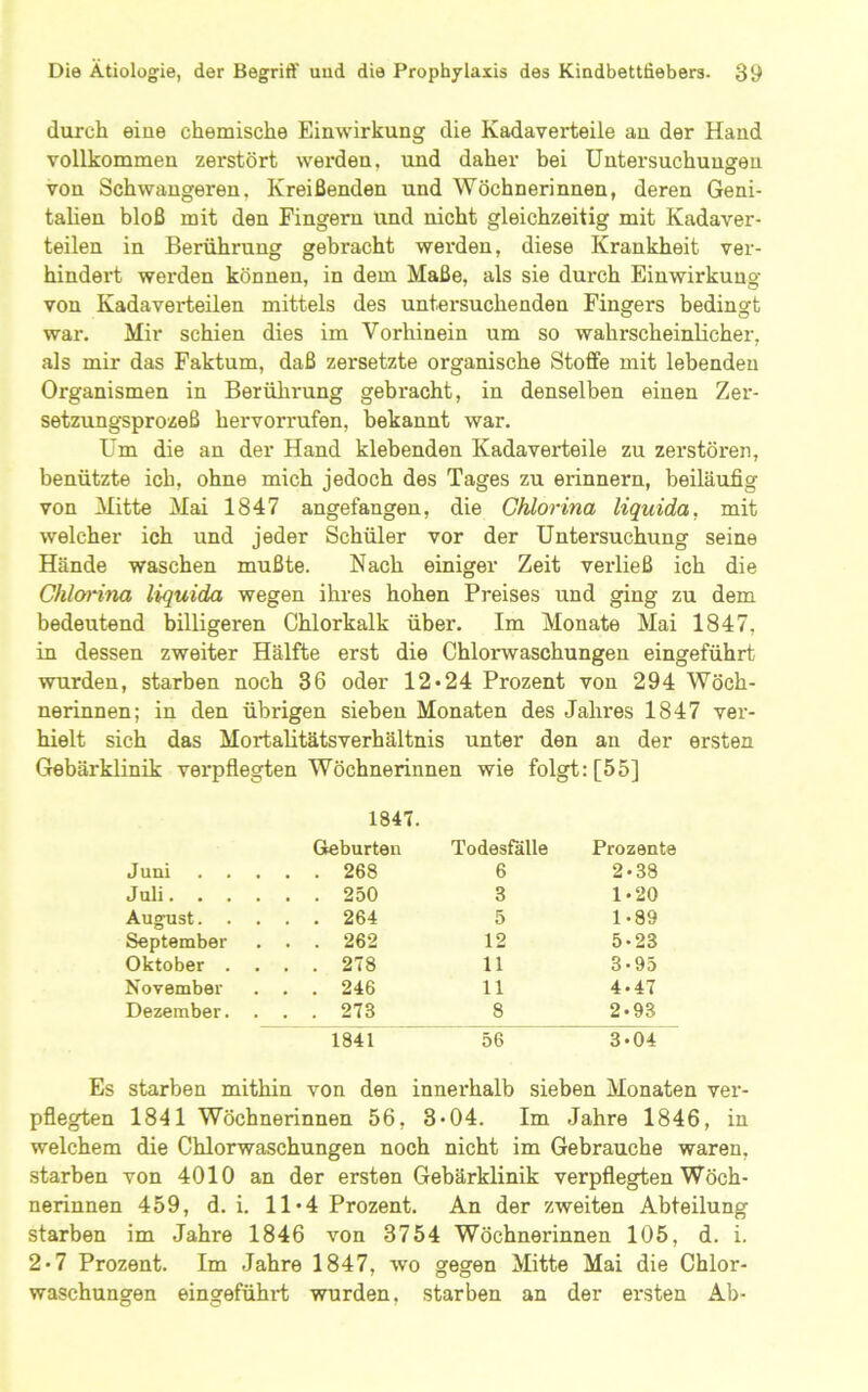 durch eine chemische Einwirkung die Kadaverteile au der Hand vollkommen zerstört werden, und daher bei Untersuchungen von Schwangeren, Kreißenden und Wöchnerinnen, deren Geni- talien bloß mit den Fingern und nicht gleichzeitig mit Kadaver- teilen in Berührung gebracht wei'den, diese Krankheit ver- hindert werden können, in dem Maße, als sie durch Einwirkung von Kadaverteilen mittels des untersuchenden Fingers bedingt war. Mir schien dies im Vorhinein um so wahrscheinlicher, als mir das Faktum, daß zersetzte organische Stoffe mit lebenden Organismen in Berührung gebracht, in denselben einen Zer- setzungsprozeß hervorrufen, bekannt war. Um die an der Hand klebenden Kadaveiieile zu zerstören, benützte ich, ohne mich jedoch des Tages zu erinnern, beiläufig von Mitte Mai 1847 angefangen, die Ghlorina liquida, mit welcher ich und jeder Schüler vor der Untersuchung seine Hände waschen mußte. Nach einiger Zeit verließ ich die Ghlorina liquida wegen ihres hohen Preises und ging zu dem bedeutend billigeren Chlorkalk über. Im Monate Mai 1847, in dessen zweiter Hälfte erst die Chlorwaschungen eingeführt wurden, starben noch 36 oder 12*24 Prozent von 294 Wöch- nerinnen; in den übrigen sieben Monaten des Jahres 1847 ver- hielt sich das Mortalitätsverhältnis unter den an der ersten Gebärklinik vei*pflegten Wöchnerinnen wie folgt: [55] 1847. Geburten Todesfälle Prozente Juni 268 6 2*38 Juli 250 3 1*20 August 264 5 1*89 September . . . 262 12 5*23 Oktober .... 278 11 3*95 November . . . 246 11 4*47 Dezember. ... 273 8 2*93 1841 56 3*04 Es starben mithin von den innerhalb sieben Monaten ver- pflegten 1841 Wöchnerinnen 56, 3*04. Im Jahre 1846, in welchem die Chlorwaschungen noch nicht im Gebrauche waren, starben von 4010 an der ersten Gebärklinik verpflegten Wöch- nerinnen 459, d. i. 11*4 Prozent. An der zweiten Abteilung starben im Jahre 1846 von 3754 Wöchnerinnen 105, d. i. 2*7 Prozent. Im Jahre 1847, wo gegen Mitte Mai die Chlor- waschungen eingeführt wurden, starben an der ersten Ab-