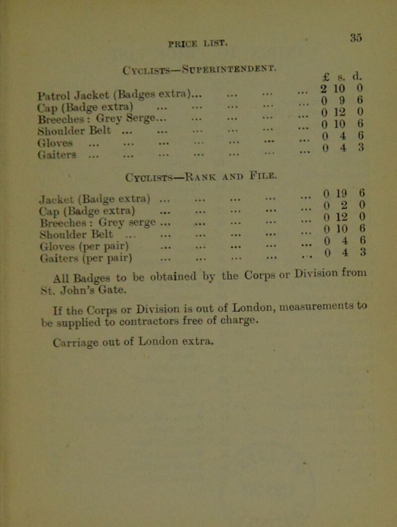 Cyclists—Superintendent. £ s. d. Patrol Jacket (Badges extra) Cap (Badge extra) Breeches: Grey Serge... Shoulder Belt ... Gloves Gaiters ... 2 10 0 ... 0 9 6 ... 0 12 0 ... 0 10 6 ..046 ... 0 4 3 Cyclists—Rank and File. Jacket (Badge extra) Cap (Badge extra) Breeches : Grey serge Shoulder Belt Gloves (per pair) Gaiters (per pair) ... 0 19 6 ...0 2 0 ... 0 12 0 ... 0 10 6 ... 0 4 6 ..043 All Badges to be obtained by the Corps or Division from St. John’s Gate. If the Corps or Division is out of London, measurements to he supplied to contractors free of charge. Carriage out of London extra.