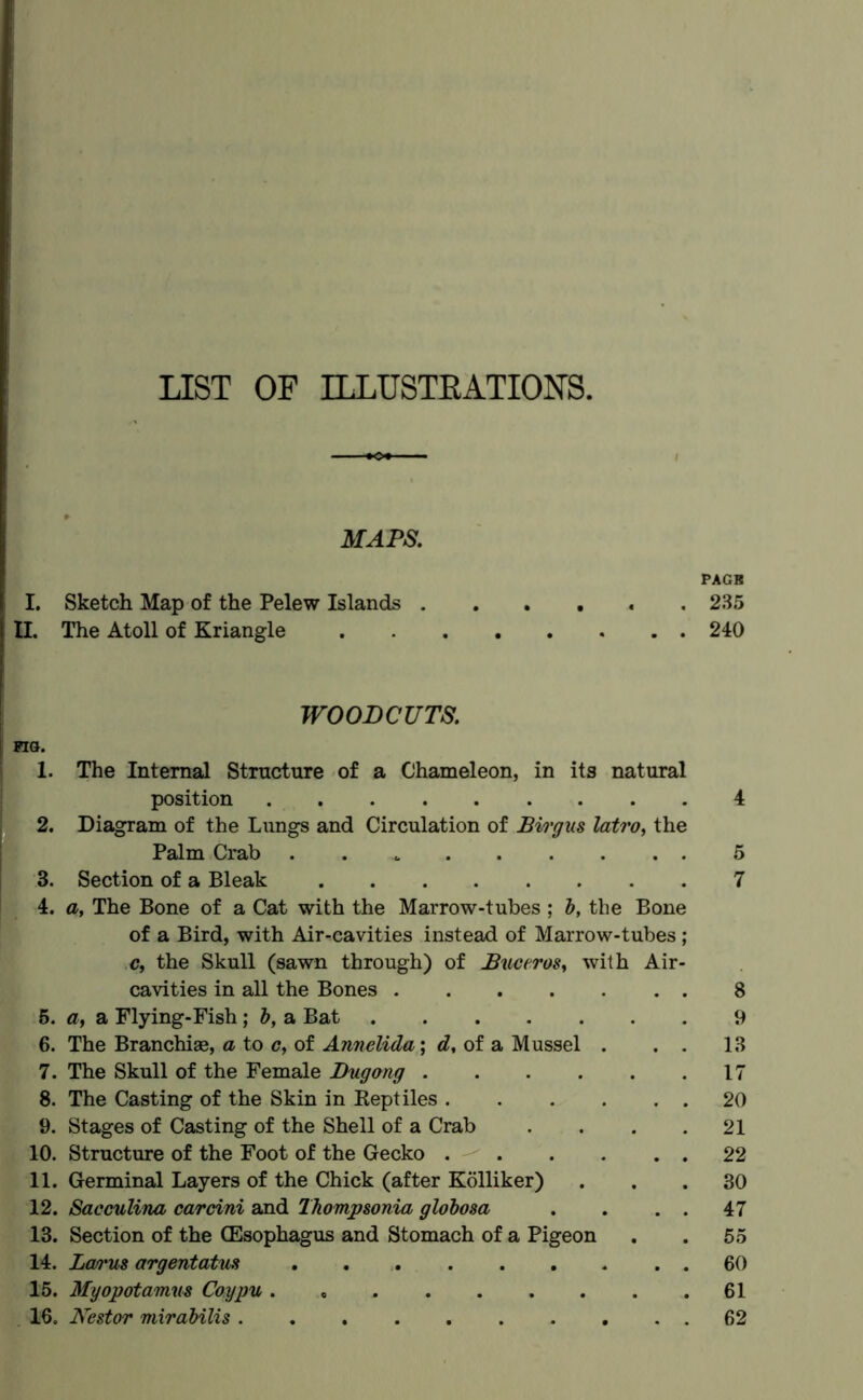 LIST OF ILLUSTRATIONS, MAPS. PAGB I. Sketch Map of the Pelew Islands 235 II. The Atoll of Kriangle 240 WOODCUTS. FIG. 1. The Internal Structure of a Chameleon, in its natural position 4 2. Diagram of the Lungs and Circulation of Birgus latro, the Palm Crab . 5 3. Section of a Bleak 7 4. a, The Bone of a Cat with the Marrow-tubes ; b, the Bone of a Bird, with Air-cavities instead of Marrow-tubes; c, the Skull (sawn through) of Buceros^ with Air- cavities in all the Bones 8 5. a, a Flying-Fish; b, a Bat 9 6. The Branchise, a to c, of Annelida; d, of a Mussel . . . 13 7. The Skull of the Female Dugang 17 8. The Casting of the Skin in Keptiles 20 9. Stages of Casting of the Shell of a Crab . . . .21 10. Structure of the Foot of the Gecko 22 11. Germinal Layers of the Chick (after Kolliker) ... 30 12. Sacculina cardni and Ihompsonia globosa . . . . 47 13. Section of the (Esophagus and Stomach of a Pigeon . . 55 14. Lotus argentatus .60 15. Myopotamvs Coypu . „ , 61 16. Nestor mirabilis 62