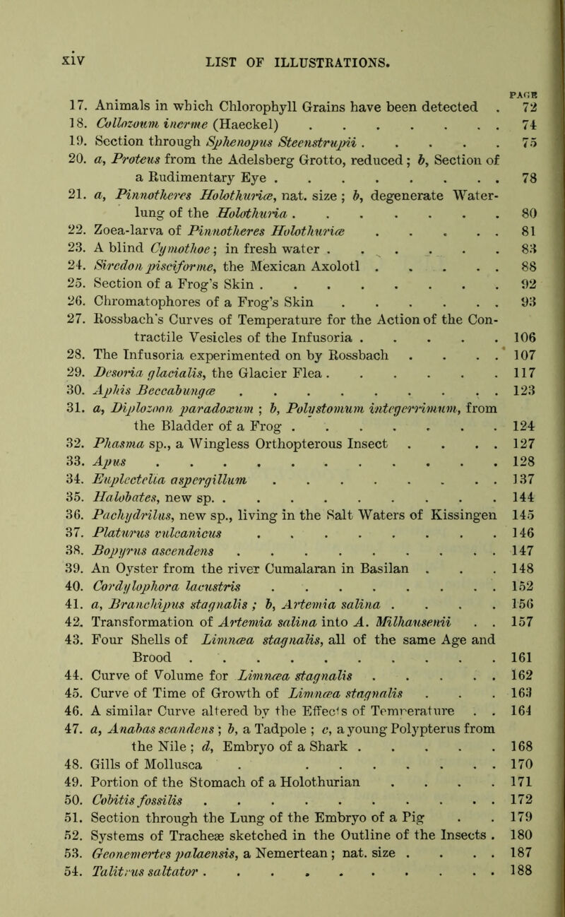 PAOB 17. Animals in which Chlorophyll Grains have been detected . 72 18. Collozoum inerme (Haeckel) . . . . . . . 74 19. Section through Sphenopus Steenstrupii 75 20. a, Proteus from the Adelsberg Grotto, reduced; b, Section of a Rudimentary Eye 78 21. a, Pinnotheres HolothuHce, nat. size; b, degenerate Water- lung of the Holothuria 80 22. Zoea-larva of Pinnotheres Holothurim . . . . . 81 23. A blind Cymothoe; in fresh water . . . . .83 24. Siredon piscif or me, the Mexican Axolotl 88 25. Section of a Frog’s Skin 92 26. Chromatophores of a Frog’s Skin 93 27. Rossbach's Curves of Temperature for the Action of the Con- tractile Vesicles of the Infusoria 106 28. The Infusoria experimented on by Rossbach . . . . 107 29. Desoria glacialis, the Glacier Flea 117 30. Aphis Beccabungce ......... 123 31. a, Diplozoon paradoxum ; b, Polystomum integerrimnm, from the Bladder of a Frog 124 32. Phasma sp., a Wingless Orthopterous Insect . . . . 127 33. Apus 128 34. Euplectelia aspergillum 137 35. Halobates, new sp. . . . . . . . . .144 36. Pachydrilus, new sp., living in the Salt Waters of Kissingen 145 37. Platurus vulcanicus . . . . . . . .146 38. Bopyrns ascendens 147 39. An Oyster from the river Cumalaran in Basilan . . .148 40. Cordylopliora lacustris 152 41. a, Branehipus stagnalis ; b, Artemia salina .... 156 42. Transformation of Artemia salina into A. Milhausenii . . 157 43. Four Shells of Limncea stagnalis, all of the same Age and Brood 161 44. Curve of Volume for Limncea stagnalis 162 45. Curve of Time of Growth of Limncea stagnalis . . .163 46. A similar Curve altered by the Effecls of Temrerature . . 164 47. a, Anabas seandens ; b, a Tadpole ; c, a young Polypterus from the Nile ; d, Embryo of a Shark 168 48. Gills of Mollusca . 170 49. Portion of the Stomach of a Holothurian .... 171 50. Cobitis fossilis . . . . . . . . ..172 51. Section through the Lung of the Embryo of a Pig . . 179 52. Systems of Tracheas sketched in the Outline of the Insects . 180 53. GeonemeHes palaensis, a Nemertean; nat. size . . . . 187 54. Talitrus saltator 188