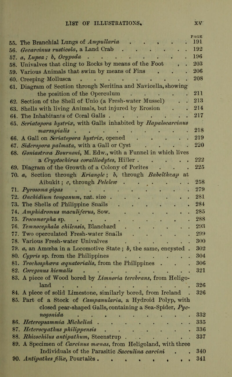 PAGE 55. The Branchial Lungs of Ampullaria ..... 191 56. Gecareinus rusticola, a Land Crab . . . . . . 192 57. a, Lvpea ; b, Ocypoda 196 58. Univalves that cling to Rocks by means of the Foot r . 203 59. Various Animals that swim by means of Fins . . . 206 60. Creeping Mollusca 208 61. Diagram of Section through Neritina and Navicella, showing the position of the Operculum 211 62. Section of the Shell of Unio (a Fresh-water Mussel) . . 213 63. Shells with living Animals, but injured by Erosion . .214 64. The Inhabitants of Coral Galls 217 65. Seriatopora hystrix, with Galls inhabited by Hapalocareinus marsupialis . . . . . . . . .218 66. A Gall on Seriatopora, hystrix, opened . . . . . 219 67. Sideropora palmata, with a Gall or Cyst .... 220 68. Goniastrcea Bournoni, M. Edw., with a Funnel in which lives a Cryptochirus coralliodytes, Hiller . .... 222 69. Diagram of the Growth of a Colony of Porites . . . 225 70. a, Section through Kriangle; b, through Babelthuap at Aibukit; c, through Pelelew . . . . . 258 71. Pyrosoma gigas 279 72. Onchidium tonganum, nat. size . . . . . . 281 73. The Shells of Philippine Snails 284 74. Amphidromus maculiferus, Sow. 285 75. Trocomorpha sp 288 76. Temnocephala chilensis, Blanchard 293 77. Two operculated Fresh-water Snails 299 78. Various Fresh-water Univalves 300 79. a, an Amoeba in a Locomotive State ; b, the same, encysted . 302 80. Cypris sp. from the Philippines 304 81. Trochosphcera cequatorialis, from the Philippines . . . 306 82. Coregonus hiemalis . 321 83. A piece of Wood bored by Limnoi'ia terebrans, from Heligo- land .326 84. A piece of solid Limestone, similarly bored, from Ireland . 326 85. Part of a Stock of Campanularia, a Hydroid Polyp, with closed pear-shaped Galls, containing a Sea-Spider, Pyc- nogonida 332 86. Heteropsammia Michelini 335 87. Heterocyathus philippensis 336 88. MJrizochilus antipathum, Steenstrup 337 89. A Specimen of Carcinus mcenas, from Heligoland, with three Individuals of the Parasitic Sacculina carcini . . 340 90. Antipathes filix, Pourtal&s . . 341