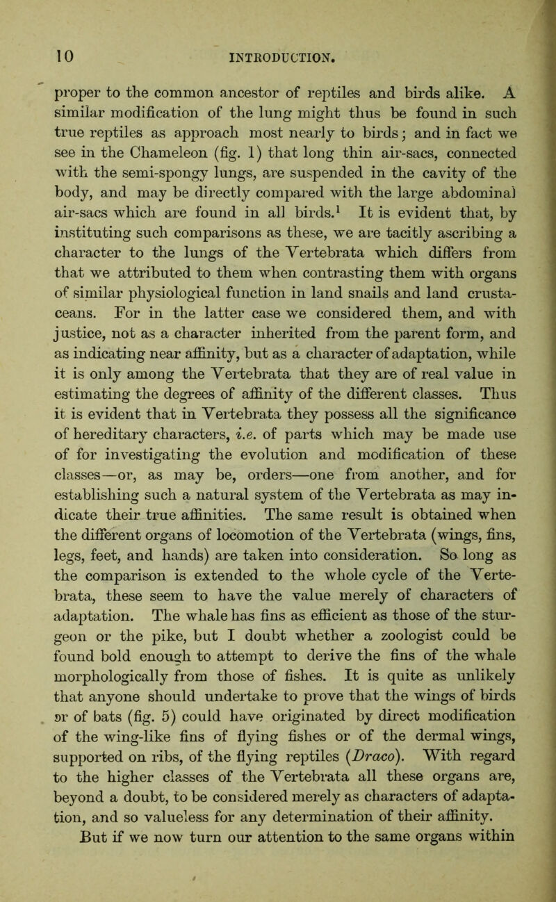 proper to the common ancestor of reptiles and birds alike. A similar modification of the lung might thus be found in such true reptiles as approach most nearly to birds; and in fact we see in the Chameleon (fig. 1) that long thin air-sacs, connected with the semi-spongy lungs, are suspended in the cavity of the body, and may be directly compared with the large abdominal air-sacs which are found in all birds.1 It is evident that, by instituting such comparisons as these, we are tacitly ascribing a character to the lungs of the Vertebrata which differs from that we attributed to them when contrasting them with organs of similar physiological function in land snails and land crusta- ceans. For in the latter case we considered them, and with justice, not as a character inherited from the parent form, and as indicating near affinity, but as a character of adaptation, while it is only among the Vertebrata that they are of real value in estimating the degrees of affinity of the different classes. Thus it is evident that in Vertebrata they possess all the significance of hereditary characters, i.e. of parts which may be made use of for investigating the evolution and modification of these classes—or, as may be, orders—one from another, and for establishing such a natural system of the Vertebrata as may in- dicate their true affinities. The same result is obtained when the different organs of locomotion of the Vertebrata (wings, fins, legs, feet, and hands) are taken into consideration. So long as the comparison is extended to the whole cycle of the Verte- brata, these seem to have the value merely of characters of adaptation. The whale has fins as efficient as those of the stur- geon or the pike, but I doubt whether a zoologist could be found bold enough to attempt to derive the fins of the whale morphologically from those of fishes. It is quite as unlikely that anyone should undertake to prove that the wings of birds or of bats (fig. 5) could have originated by direct modification of the wing-like fins of flying fishes or of the dermal wings, supported on ribs, of the flying reptiles (Draco). With regard to the higher classes of the Vertebrata all these organs are, beyond a doubt, to be considered merely as characters of adapta- tion, and so valueless for any determination of their affinity. But if we now turn our attention to the same organs within