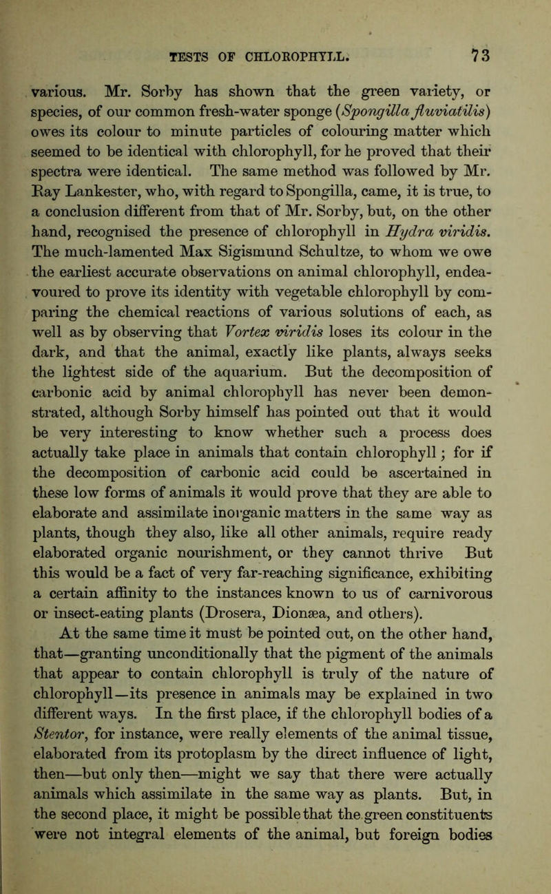 various. Mr. Sorby has shown that the green variety, or species, of our common fresh-water sponge (Spongilla fluviaiilis) owes its colour to minute particles of colouring matter which seemed to be identical with chlorophyll, for he proved that their spectra were identical. The same method was followed by Mr. Ray Lankester, who, with regard to Spongilla, came, it is true, to a conclusion different from that of Mr. Sorby, but, on the other hand, recognised the presence of chlorophyll in Hydra viridis. The much-lamented Max Sigismund Schultze, to whom we owe the earliest accurate observations on animal chlorophyll, endea- voured to prove its identity with vegetable chlorophyll by com- paring the chemical reactions of various solutions of each, as well as by observing that Vortex viridis loses its colour in the dark, and that the animal, exactly like plants, always seeks the lightest side of the aquarium. But the decomposition of carbonic acid by animal chlorophyll has never been demon- strated, although Sorby himself has pointed out that it would be very interesting to know whether such a process does actually take place in animals that contain chlorophyll; for if the decomposition of carbonic acid could be ascertained in these low forms of animals it would prove that they are able to elaborate and assimilate inorganic matter’s in the same way as plants, though they also, like all other animals, require ready elaborated organic nourishment, or they cannot thrive But this would be a fact of very far-reaching significance, exhibiting a certain affinity to the instances known to us of carnivorous or insect-eating plants (Drosera, Dionsea, and others). At the same time it must be pointed out, on the other hand, that—granting unconditionally that the pigment of the animals that appear to contain chlorophyll is truly of the nature of chlorophyll—its presence in animals may be explained in two different ways. In the first place, if the chlorophyll bodies of a Stentor, for instance, were really elements of the animal tissue, elaborated from its protoplasm by the direct influence of light, then—but only then—might we say that there were actually animals which assimilate in the same way as plants. But, in the second place, it might be possible that the green constituents were not integral elements of the animal, but foreign bodies