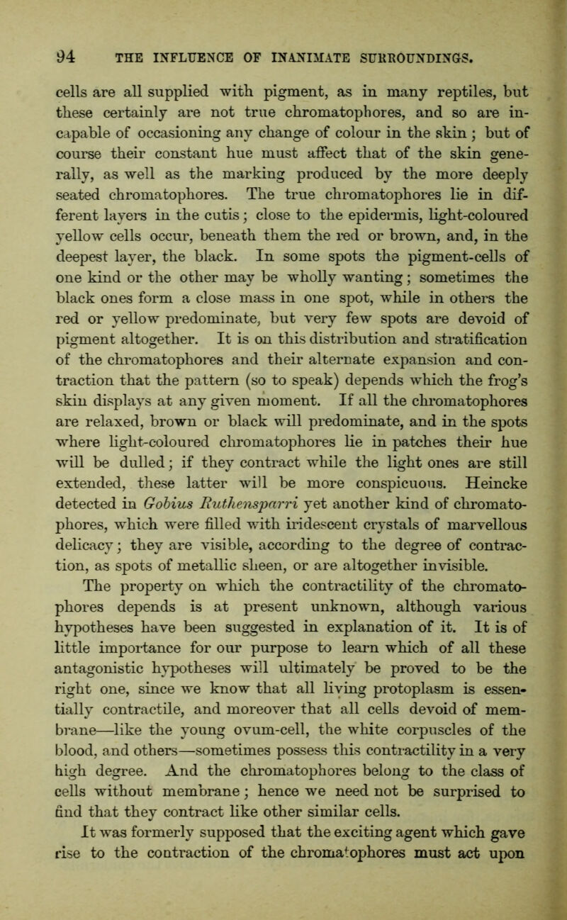 cells are all supplied with pigment, as in many reptiles, but these certainly are not true chromatophores, and so are in- capable of occasioning any change of colour in the skin ; but of course their constant hue must affect that of the skin gene- rally, as well as the marking produced by the more deeply seated chromatophores. The true chromatophores lie in dif- ferent layers in the cutis; close to the epidermis, light-coloured yellow cells occur, beneath them the red or brown, and, in the deepest layer, the black. In some spots the pigment-cells of one kind or the other may be wholly wanting; sometimes the black ones form a close mass in one spot, while in others the red or yellow predominate, but very few spots are devoid of pigment altogether. It is on this distribution and stratification of the chromatophores and their alternate expansion and con- traction that the pattern (so to speak) depends which the frog’s skin displays at any given moment. If all the chromatophores are relaxed, brown or black will predominate, and in the spots where light-coloured chromatophores lie in patches their hue will be dulled; if they contract while the light ones are still extended, these latter will be more conspicuous. Heincke detected in Gobius Ruthensparri yet another kind of chromato- phores, which were filled with iridescent crystals of marvellous delicacy; they are visible, according to the degree of contrac- tion, as spots of metallic sheen, or are altogether invisible. The property on which the contractility of the chromato- phores depends is at present unknown, although various hypotheses have been suggested in explanation of it. It is of little importance for our purpose to learn which of all these antagonistic hypotheses will ultimately be proved to be the right one, since we know that all living protoplasm is essen- tially contractile, and moreover that all cells devoid of mem- brane—like the young ovum-cell, the white corpuscles of the blood, and others—sometimes possess this contractility in a very high degree. And the chromatophores belong to the class of cells without membrane; hence we need not be surprised to find that they contract like other similar cells. It was formerly supposed that the exciting agent which gave rise to the contraction of the chromatophores must act upon