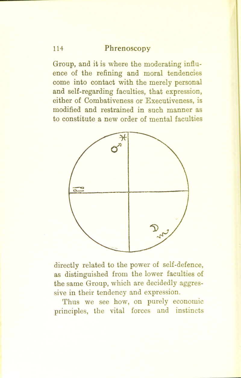 Group, and it is where the moderating influ- ence of the refining and moral tendencies come into contact with the merely personal and self-regarding faculties, that expression, either of Combativeness or Executiveness, is modified and restrained in such manner as to constitute a new order of mental faculties directly related to the power of self-defence, as distinguished from the lower faculties of the same Group, which are decidedly aggres- sive in their tendency and expression. Thus we see how, on purely economic principles, the vital forces and instincts