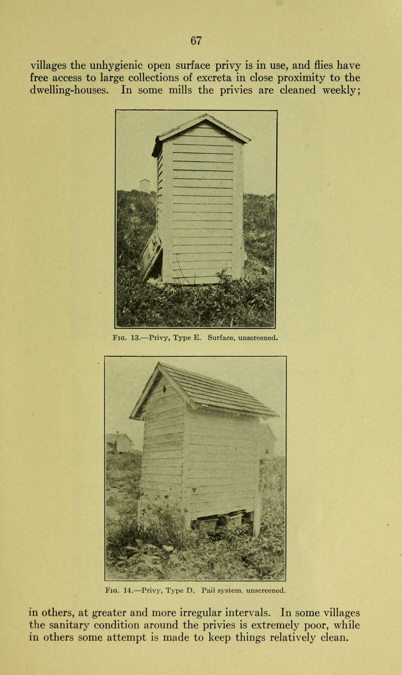 villages the unhygienic open surface privy is in use, and flies have free access to large collections of excreta in close proximity to the dwelling-houses. In some mills the privies are cleaned weekly; Fig. 13.—Privy, Type E. Surface, unscreened. in others, at greater and more irregular intervals. In some villages the sanitary condition around the privies is extremely poor, while in others some attempt is made to keep things relatively clean.