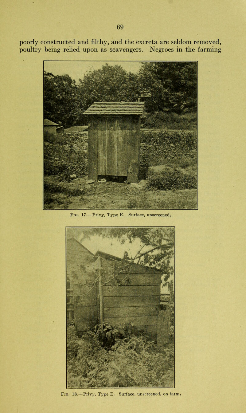 poorly constructed and filthy, and the excreta are seldom removed, poultry being relied upon as scavengers. Negroes in the farming Fig. 17.—Privy, Type E. Surface, unscreened.