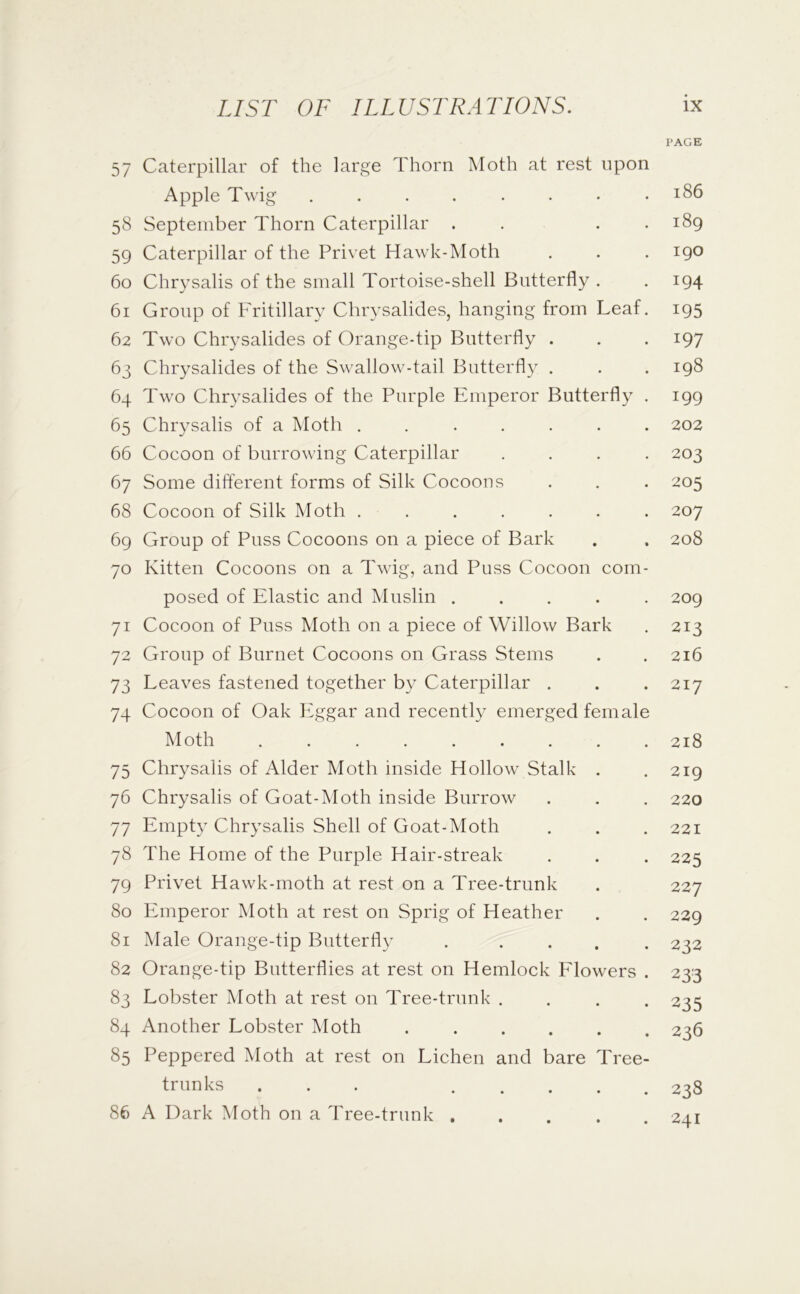 PAGE 57 Caterpillar of the large Thorn Moth at rest upon Apple Twig . . . . . . . .186 58 September Thorn Caterpillar . . . . 189 59 Caterpillar of the Privet Hawk-Moth . . . 190 60 Chrysalis of the small Tortoise-shell Butterfly . . 194 61 Group of F'ritillary Chrysalides, hanging from Leaf. 195 62 Two Chrysalides of Orange-tip Butterfly . . . 197 63 Chrysalides of the Swallow-tail Butterfly . . . 198 64 Two Chrysalides of the Purple Emperor Butterfly . 199 65 Chrysalis of a Moth ....... 202 66 Cocoon of burrowing Caterpillar .... 203 67 Some different forms of Silk Cocoons . . . 205 68 Cocoon of Silk Moth ....... 207 69 Group of Puss Cocoons on a piece of Bark . . 208 70 Kitten Cocoons on a Twig, and Puss Cocoon com- posed of Elastic and Muslin ..... 209 71 Cocoon of Puss Moth on a piece of Willow Bark . 213 72 Group of Burnet Cocoons on Grass Stems . . 216 73 Leaves fastened together by Caterpillar . . .217 74 Cocoon of Oak Ifggar and recently emerged female Moth 218 75 Chrysalis of Alder Moth inside Hollow Stalk . . 219 76 Chrysalis of Goat-Moth inside Burrow . . . 220 77 Empty Chrysalis Shell of Goat-Moth . . .221 78 The Home of the Purple Hair-streak . . . 225 79 Privet Hawk-moth at rest on a Tree-trunk . 227 80 Emperor Moth at rest on Sprig of Heather . . 229 81 Male Orange-tip Butterfly ..... 232 82 Orange-tip Butterflies at rest on Hemlock P'lowers . 233 83 Lobster Moth at rest on Tree-trunk .... 235 84 Another Lobster Moth 236 85 Peppered Moth at rest on Lichen and bare Tree- trunks ... 238 86 A Dark Moth on a Tree-trunk ..... 241