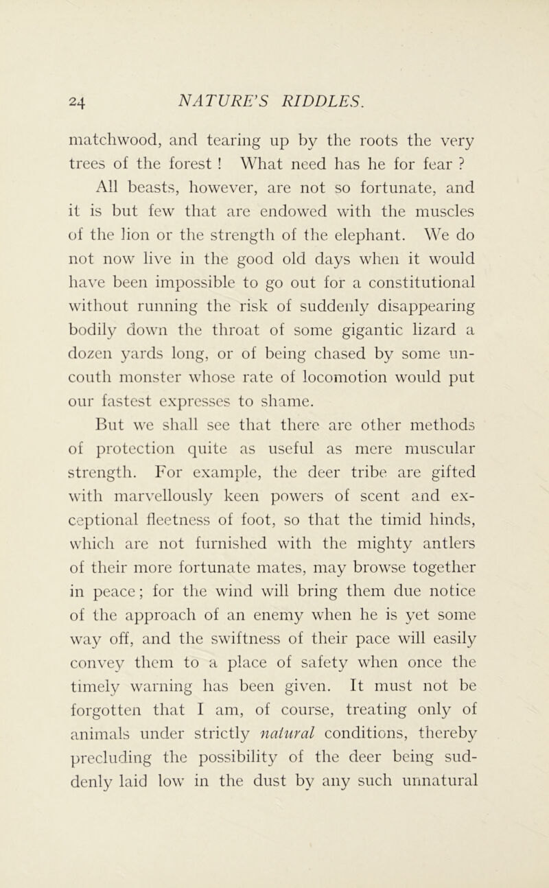 matchwood, and tearing up by the roots the very trees of the forest ! What need has he for fear ? All beasts, however, are not so fortunate, and it is but few that are endowed with the muscles of the lion or the strength of the elephant. We do not now live in the good old days when it would have been impossible to go out for a constitutional without running the risk of suddenly disappearing bodily down the throat of some gigantic lizard a dozen yards long, or of being chased by some un- couth monster whose rate of locomotion would put our fastest expresses to shame. But w'e shall see that there are other methods of protection quite as useful as mere muscular strength. For example, the deer tribe are gifted with marvellously keen powers of scent and ex- ceptional fleetness of foot, so that the timid hinds, which are not furnished with the mighty antlers of their more fortunate mates, may browse together in peace; for the wind will bring them due notice of the approach of an enemy when he is yet some way off, and the swiftness of their pace will easily convey them to a place of safety when once the timely warning has been given. It must not be forgotten that I am, of course, treating only of animals under strictly natural conditions, thereby precluding the possibility of the deer being sud- denly laid low in the dust by any such unnatural