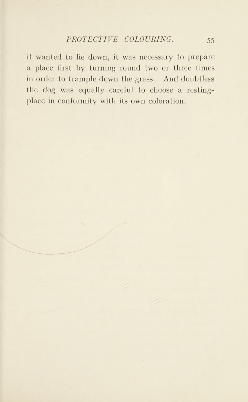 it wanted to lie down, it was necessary to prepare a place first by turning round two or three times in order to trample down the grass. And doubtless the dog was equally careful to choose a resting- place in conformity with its own coloration.