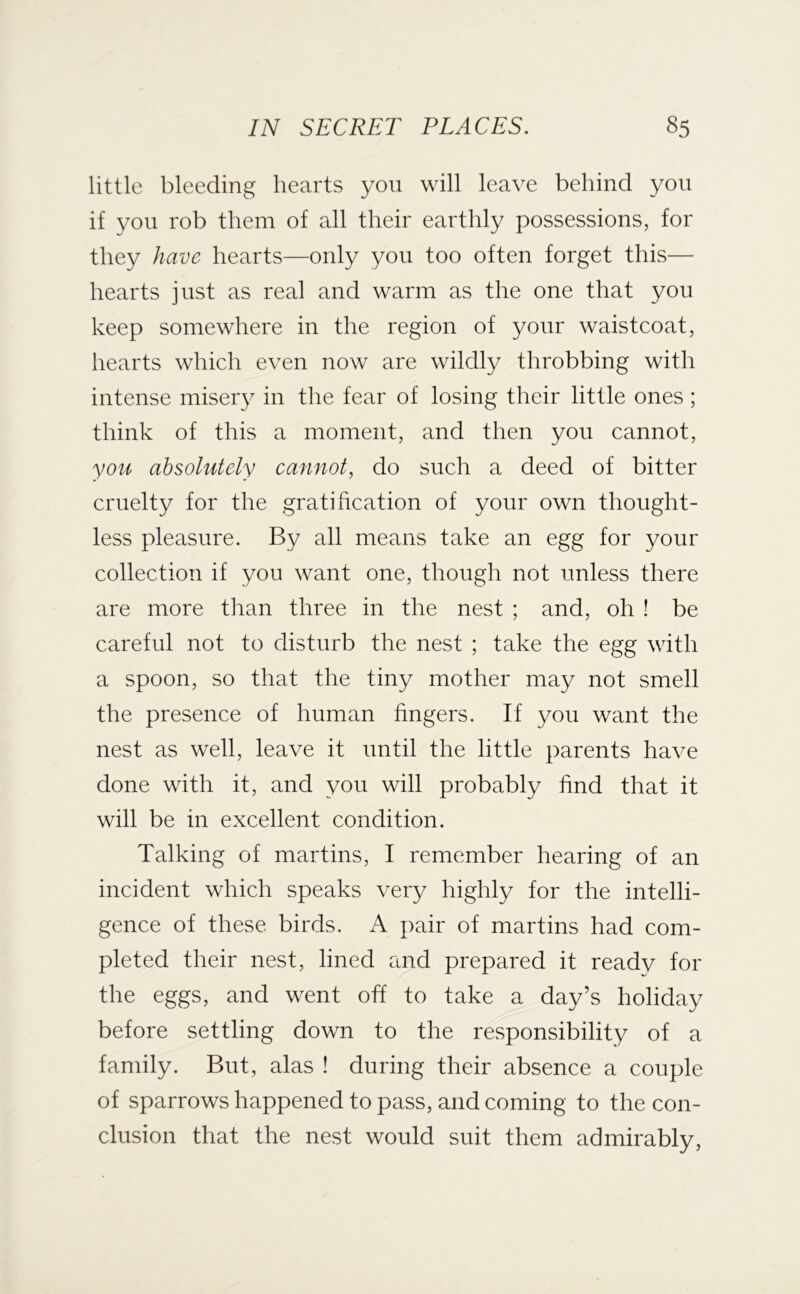 little bleeding hearts you will leave behind you if you rob them of all their earthly possessions, for they have hearts—only you too often forget this— hearts just as real and warm as the one that you keep somewhere in the region of your waistcoat, hearts which even now are wildl}^ throbbing with intense misery in the fear of losing their little ones ; think of this a moment, and then you cannot, you absolutely eannot, do such a deed of bitter cruelty for the gratification of your own thought- less pleasure. By all means take an egg for your collection if you want one, though not unless there are more than three in the nest ; and, oh ! be careful not to disturb the nest ; take the egg with a spoon, so that the tiny mother may not smell the presence of human fingers. If you want the nest as well, leave it until the little parents have done with it, and you will probably find that it will be in excellent condition. Talking of martins, I remember hearing of an incident which speaks very highly for the intelli- gence of these birds. A pair of martins had com- pleted their nest, lined and prepared it ready for the eggs, and went off to take a day’s holiday before settling down to the responsibility of a family. But, alas ! during their absence a couple of sparrows happened to pass, and coming to the con- clusion that the nest would suit them admirably,